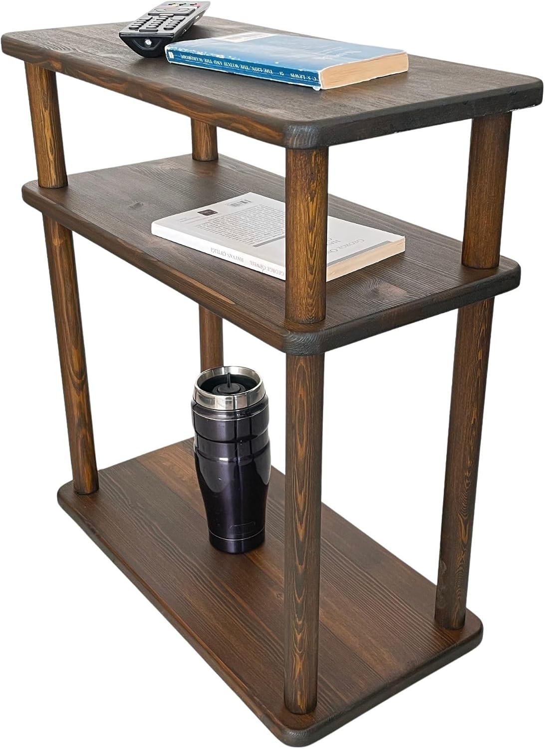 Handcrafted Solid 3-Tier Narrow Side Table, 10 Inch Pine Wood End Table for Living Room with Storage, Slim Bedside Table for Small Spaces, Nursery, Bedroom, Office (Walnut, Tall)