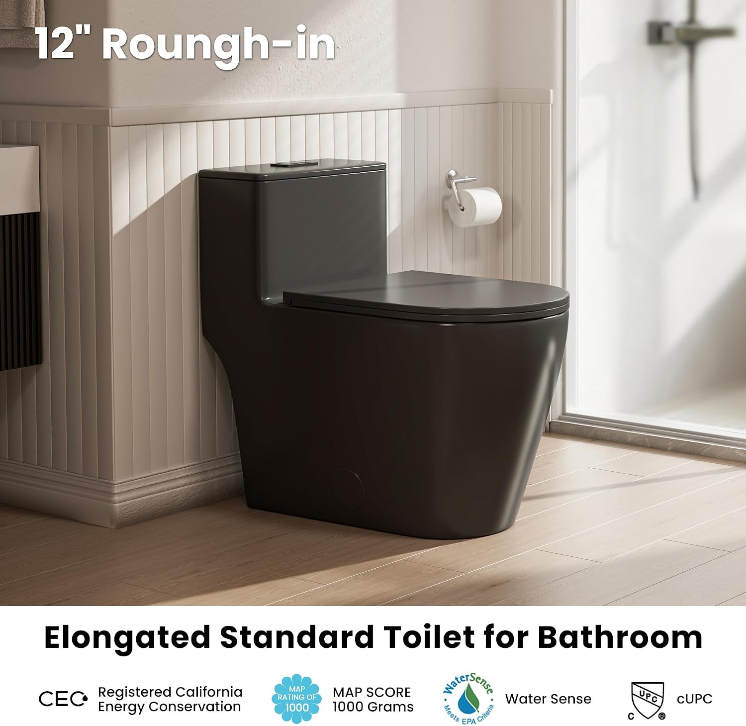 Casta Diva Elongated One Piece Toilet Black with 17' ADA Comfort Chair Height Seat Compact Toilet for Bathroom Power Dual Flush 1.1/1.6GPF & MAP 1000g, 12'' Rough-in, Matte Black