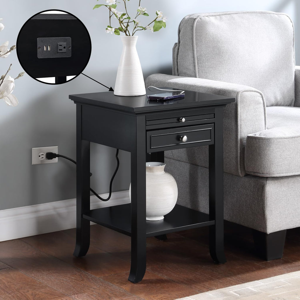 Convenience Concepts American Heritage Logan End Table with USB Ports & AC Outlet 18' - Square Living Room Side Table with Storage Drawer & Pull-Out Shelf, Bedroom Nightstand with Charging, Black
