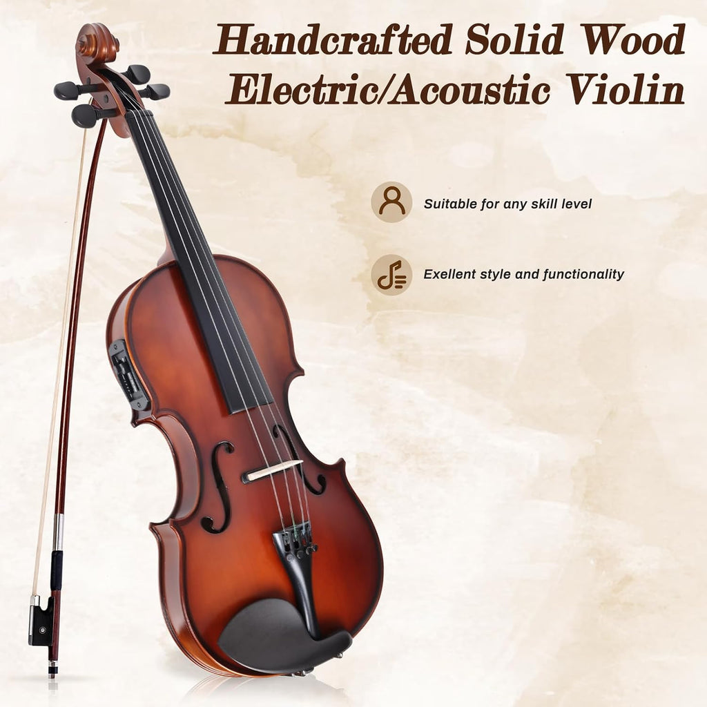 Electric/Acoustic Violin with Ebony Accessories - Perfect for Stage & Practice with Carrying Case, Violin Bow, Bridge, Shoulder Rest, Stickers, Tuner, Instruction, Handcraft with Maple, Spruce