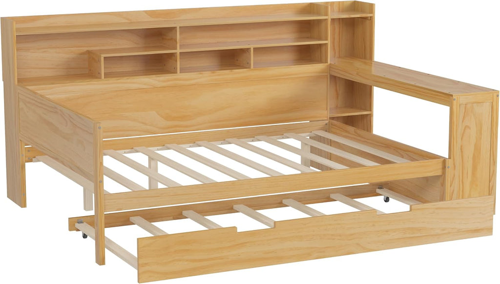 Harper & Bright Designs Full Size Wooden Daybed with Storage Shelves, Multi-Functional Corner Bed Frame with Twin Size Trundle Bed and Study Desk for Kids Teen, Natural