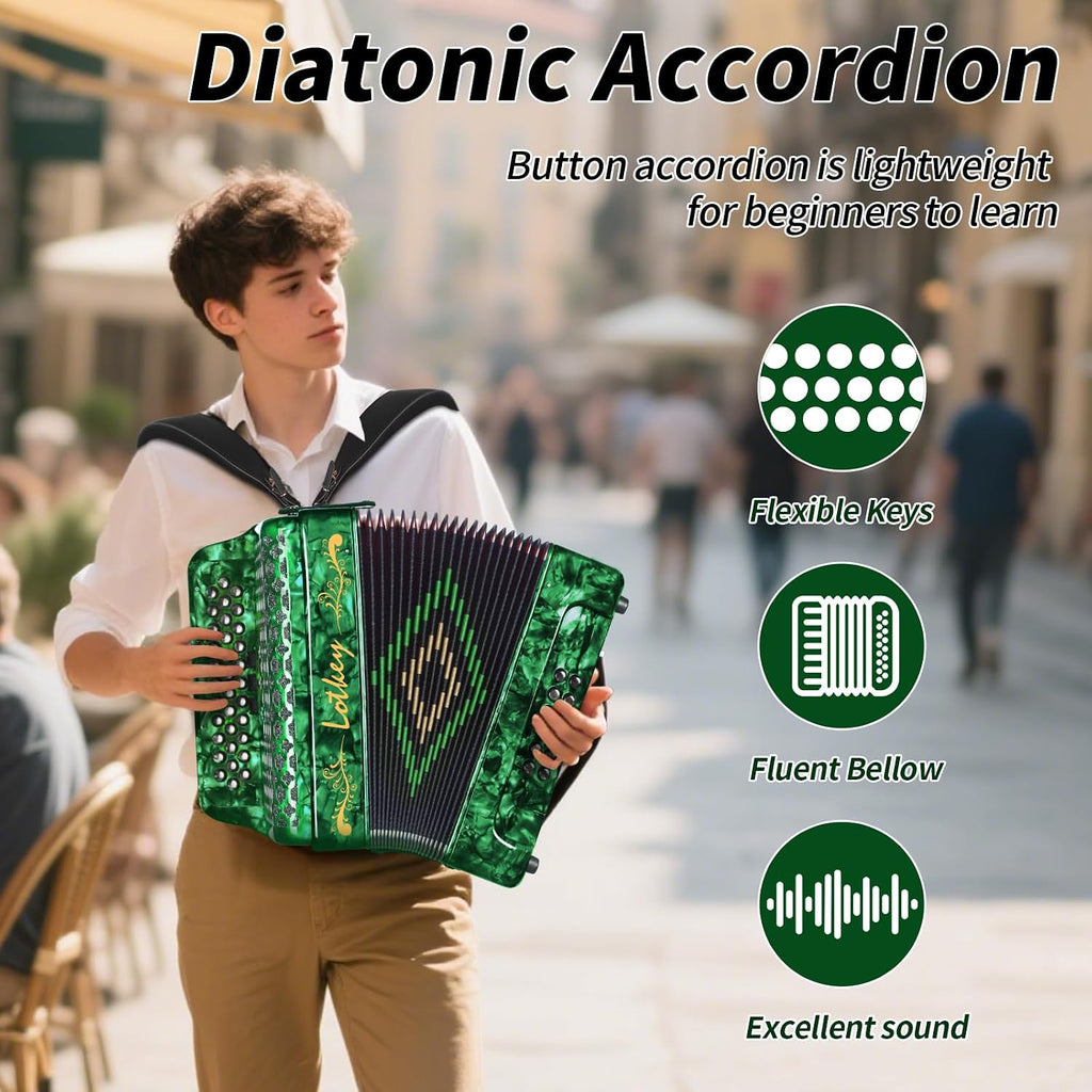 Lotkey 34 Key Diatonic Accordion, 3412 Multi Tone Celluloid Accordions Louder Clearer Timbre than Plastic for Adult, Beginner, Professional with Updated Bag, Straps, Acordeón Wrist Guard (FBE Green)