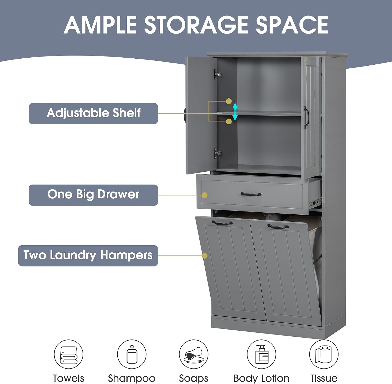 Bathroom Storage Cabinet with 2 Removable Bins, 65.8 in Tall | MDF, painted finish, adjustable shelf, 2 removable bins, enclosed storage, anti-tip, bathroom, 29.9 W x 15.7 D x 65.8 H in