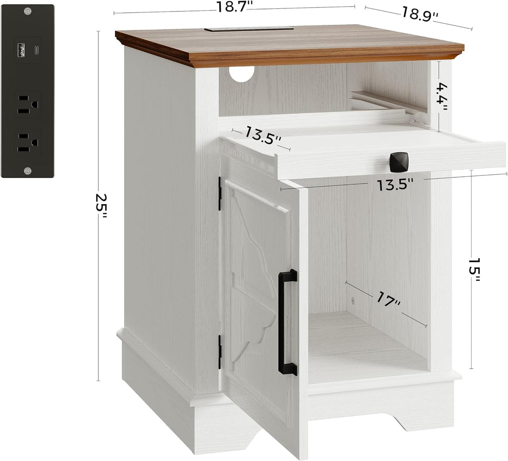 IRONCK Farmhouse End Table Set of 2, Nightstand with Charging Station and App Controlled LED, End Table with Storage for Bedroom Living Room,White