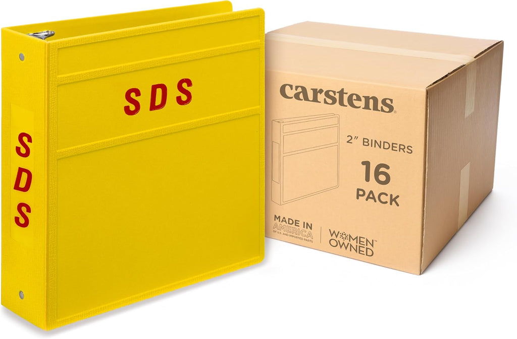 Carstens 2-Inch Heavy Duty Round Ring Binder for Safety Data Sheets (SDS) – Side Opening, Yellow, Case of 16, Durable Plastic, No Pockets, Holds 300 Sheets, Made in USA (1832-3RCS)