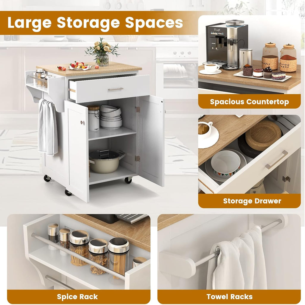 Kitchen Island, Rolling Kitchen Carts on Wheels with Storage Cabinet, Drawer, Spice Rack, Towel Bar, Modern Serving Trolley Cart Island Table for Dining Room, White, 32.5' L x 19' W x 36' H