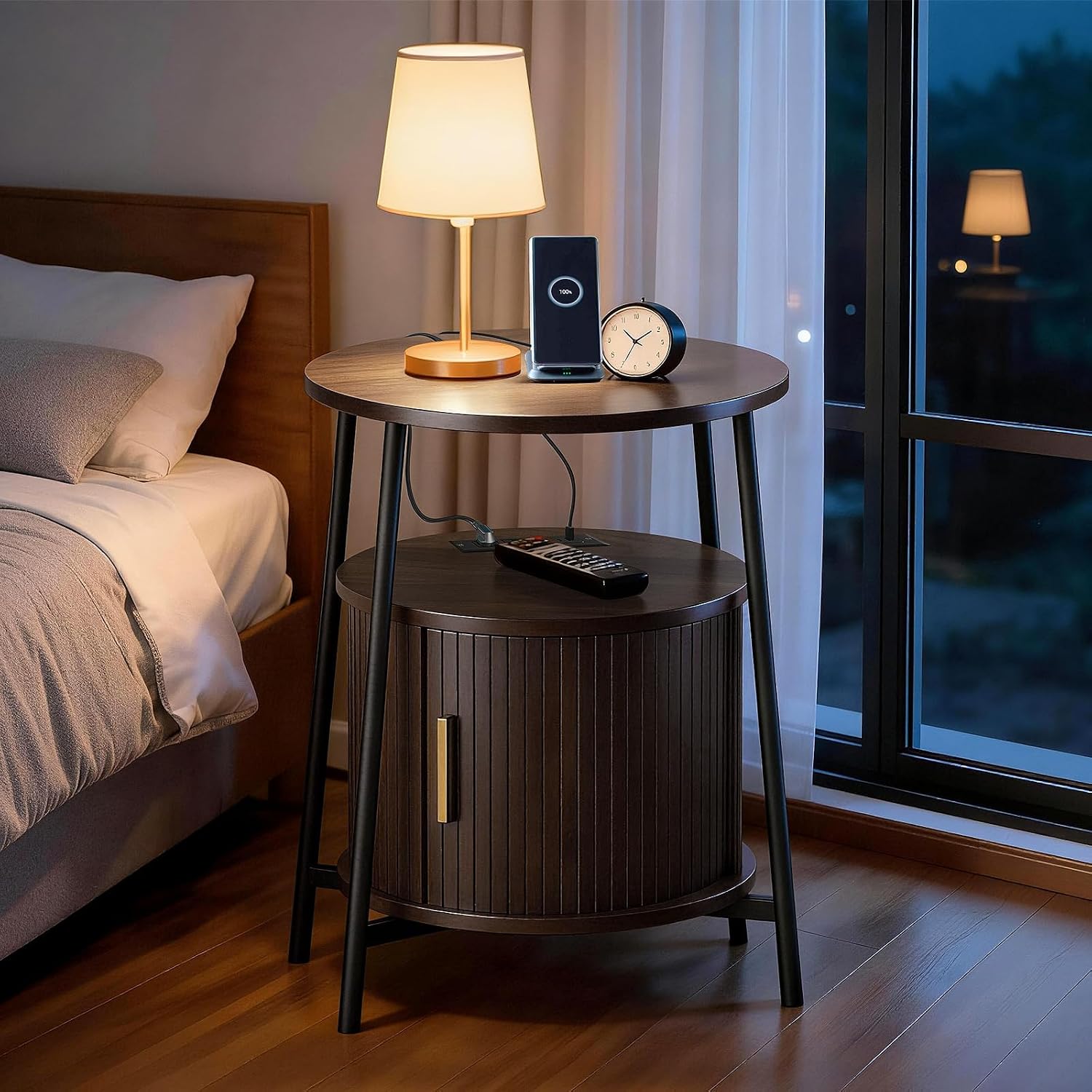 DHH Round End Tables Set of 2 & Charging Station, Fluted Accent Side Table with Sliding Door, Mid-Century Modem Nightstand Set for Small Space Storage, Living Room, Bedroom,Sofa Couch(Dark Walnut)