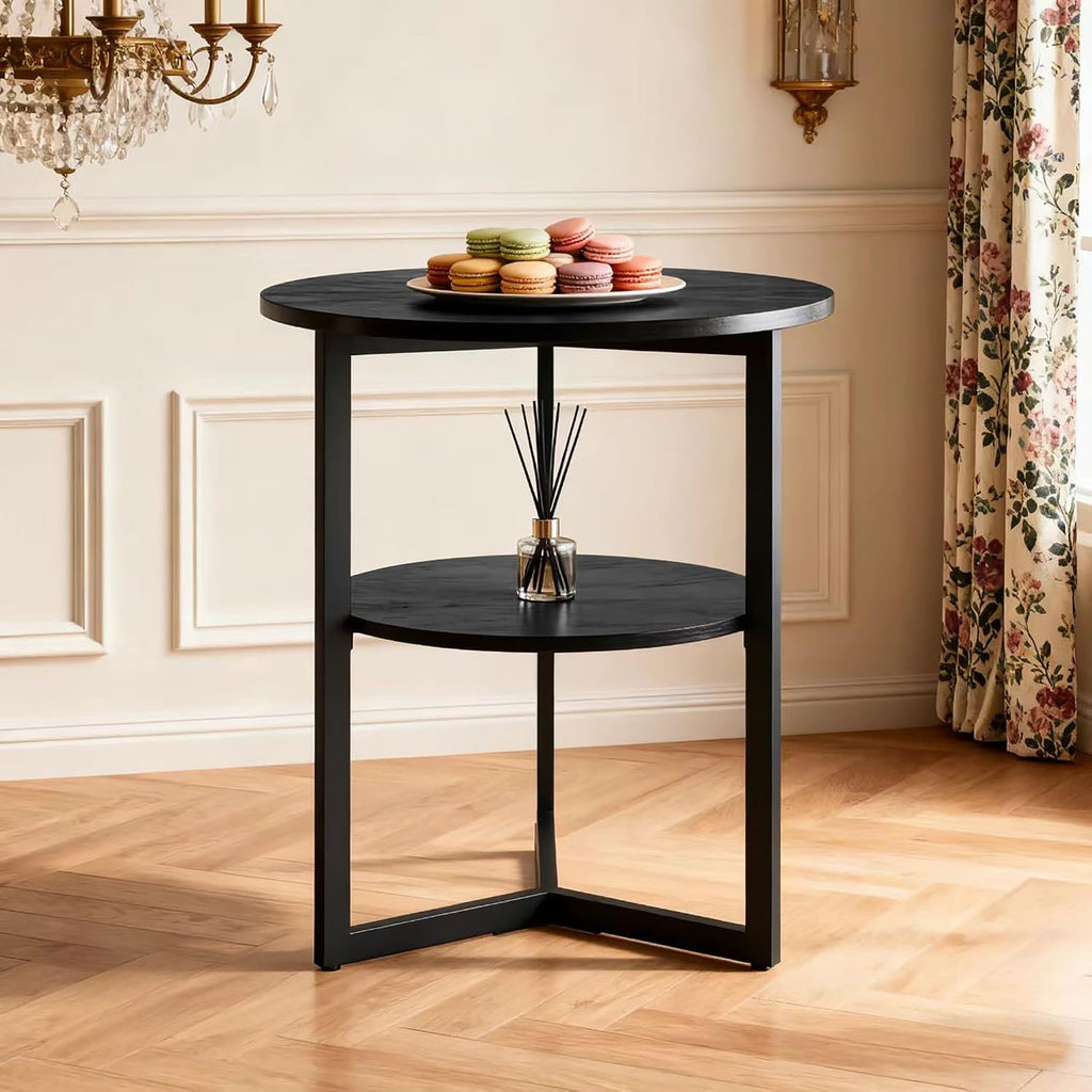 Large Round End Table with Storage Shelf, Rustic Circular Sofa Side Black Metal Legs, Solid Wood Nightstand, Telephone for Living Room, Bedroom, 25.2''D x 24''H Brushed CJZ1338BK