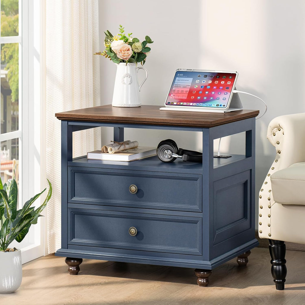 Joaxswe Farmhouse Nightstand Set of 2 with Charging Station, 24' Wide End Table with 2 Drawers,Wood Dresser for Bedroom,Bed Side Table Chest of Drawers Cabinet,Navy BlueNight Stand for Living Room