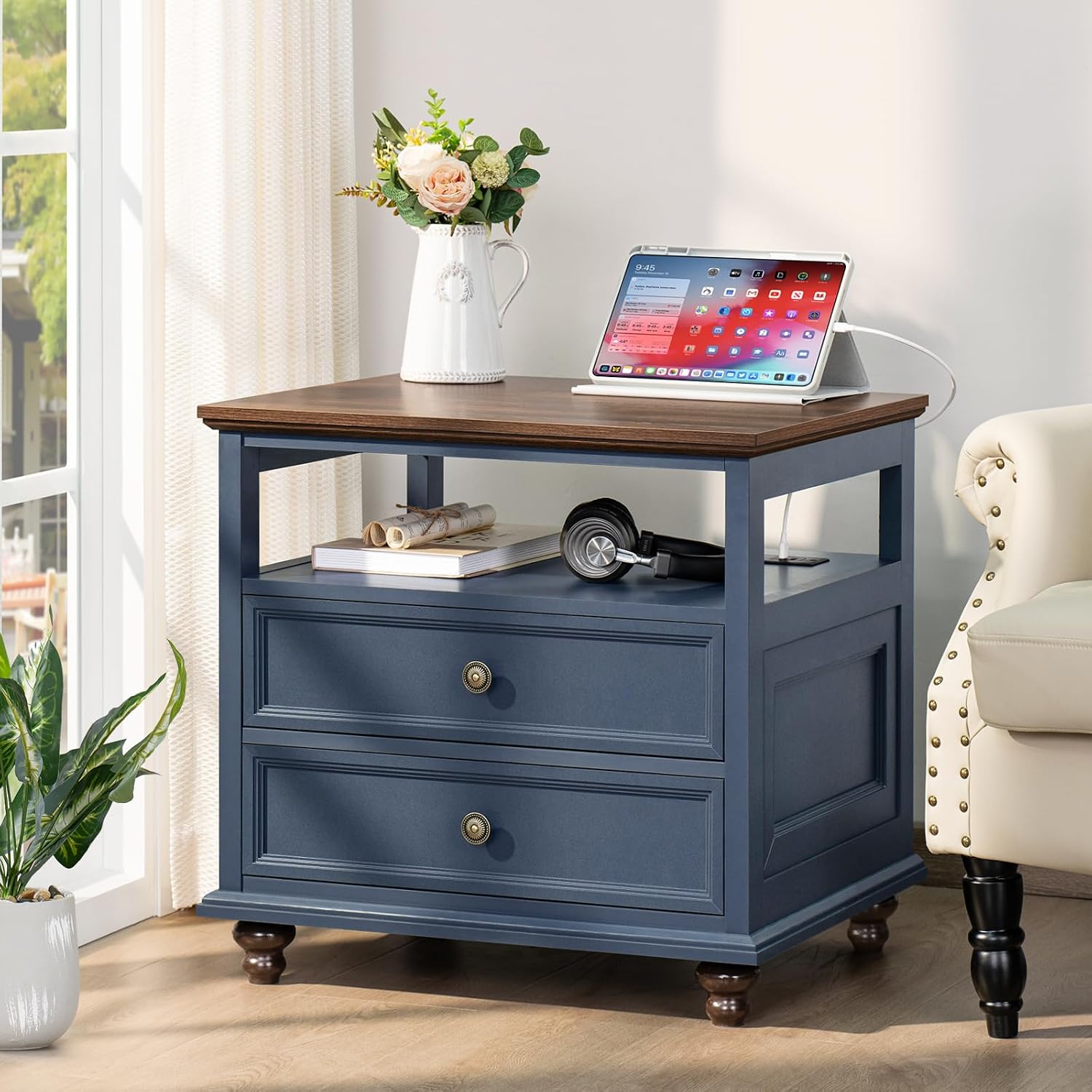 Joaxswe Farmhouse Nightstand Set of 2 with Charging Station, 24' Wide End Table with 2 Drawers,Wood Dresser for Bedroom,Bed Side Table Chest of Drawers Cabinet,Navy BlueNight Stand for Living Room