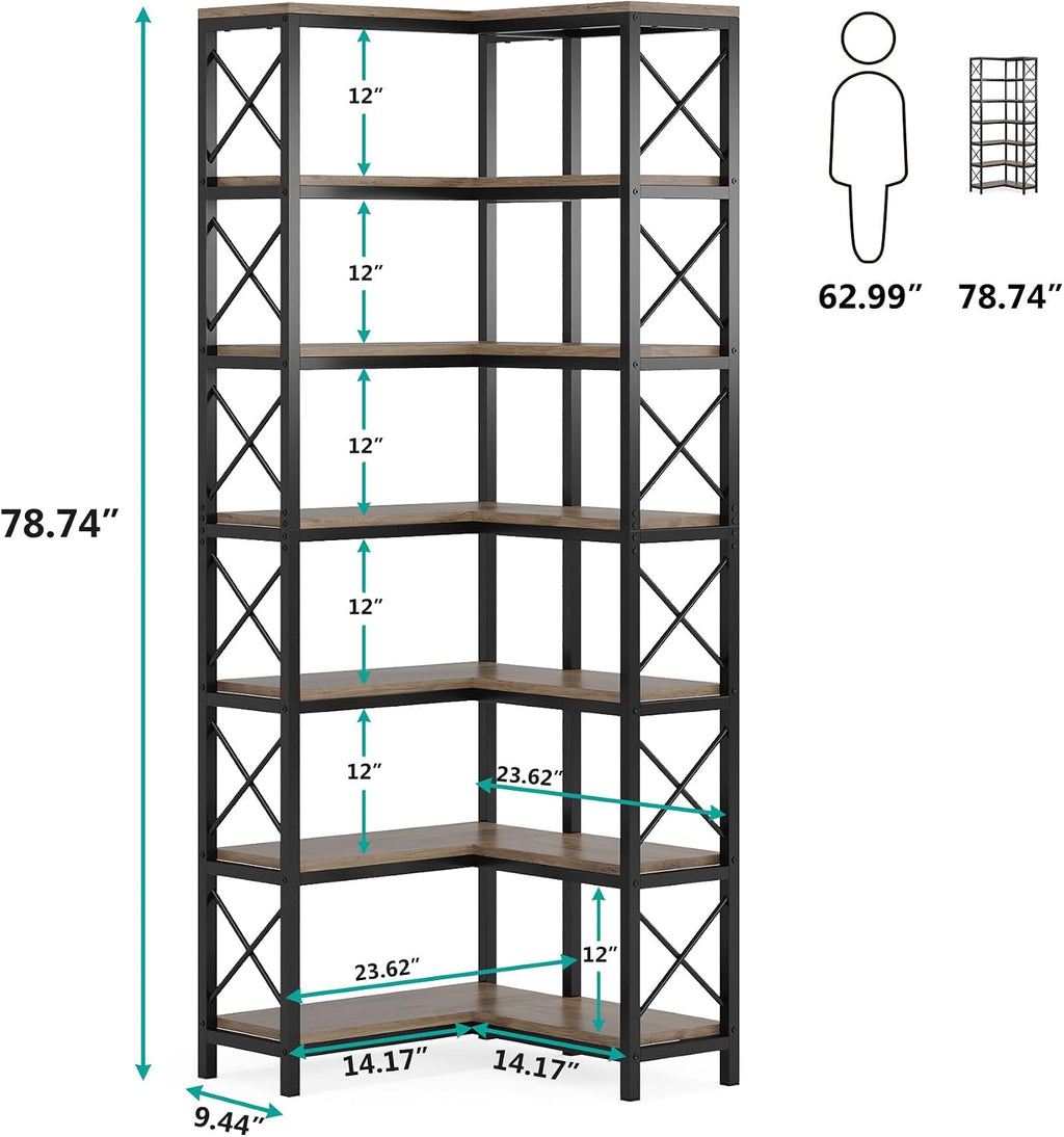 Tribesigns 7-Tier Corner Bookcase, Industrial Large Corner Bookshelf, 7-Shelf Tall Corner Shelf Storage Display Rack with Metal Frame for Living Room Home Office, Grey