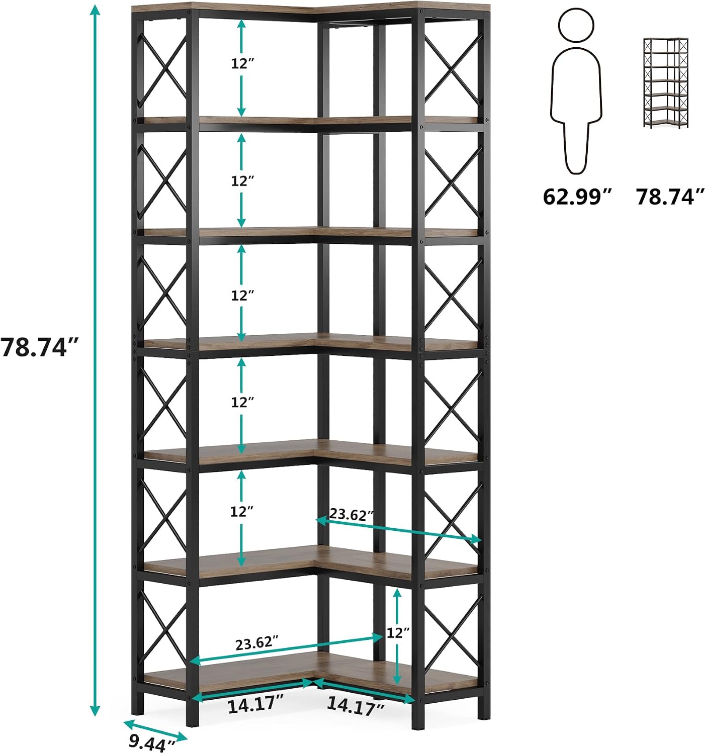 Tribesigns 7-Tier Corner Bookcase, Industrial Large Corner Bookshelf, 7-Shelf Tall Corner Shelf Storage Display Rack with Metal Frame for Living Room Home Office, Grey