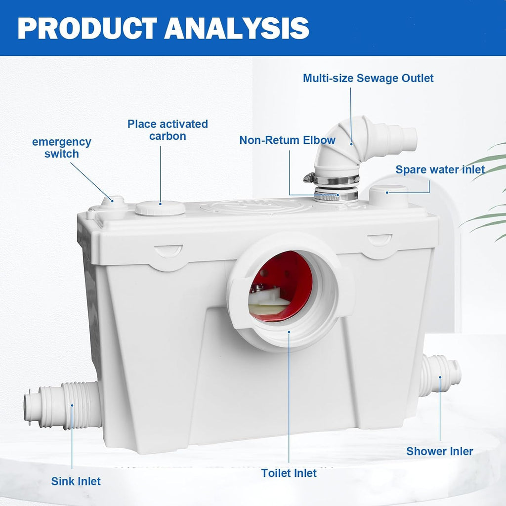 500W Two-Piece Upflush Macerating Toilet for Basement with Elongated Bowl & Extension Pipe