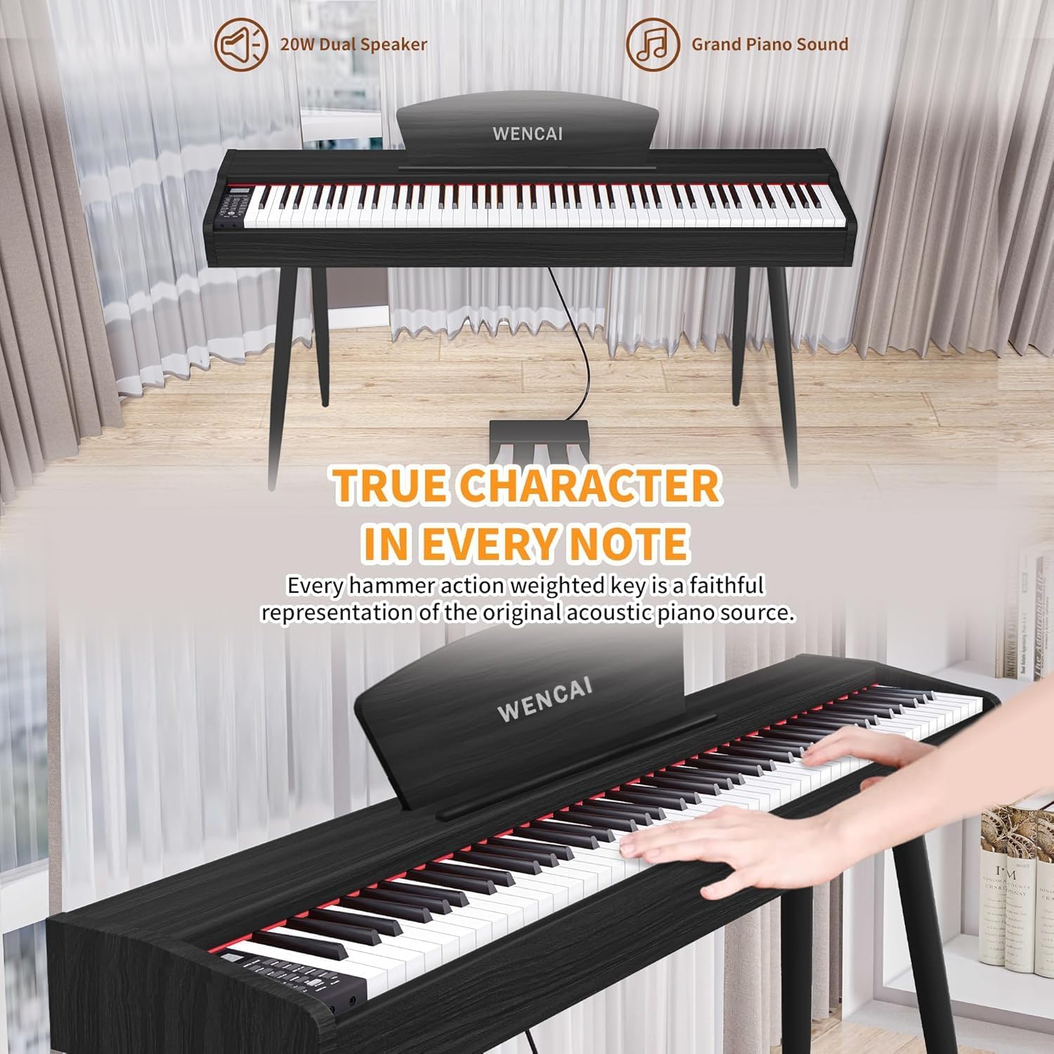 WENCAI Digital Piano 88-Key Fully Weighted Keyboard - Hammer Action Electric Piano, Full-Size Wooden Pianos for Beginner Professional Adults with Sheet Music Stand Triple Pedal, Black