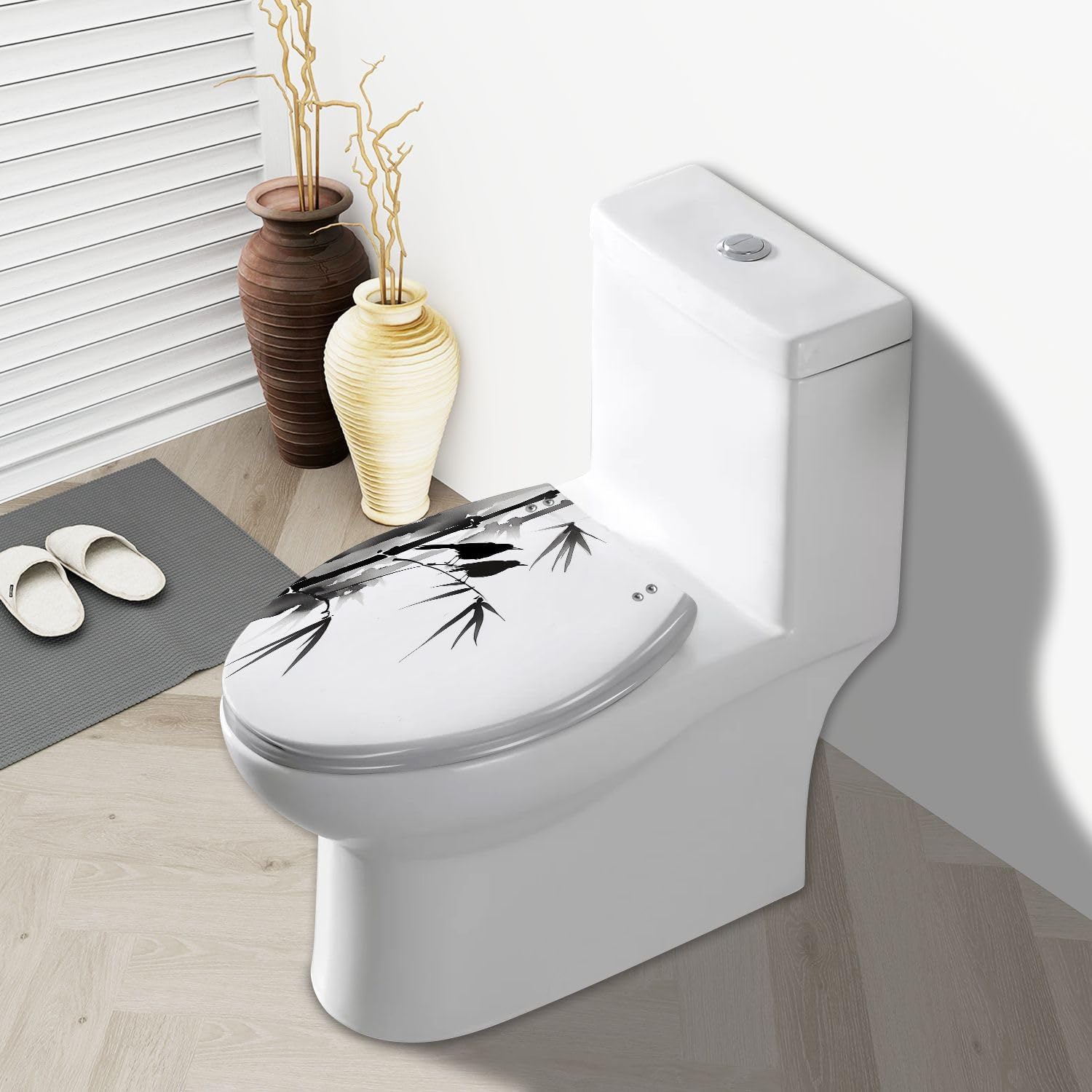 Elongated Toilet Seat Two blackbirds bamboo Traditional oriental ink e hua Hieroglyph Resin Toilet Seat Slow Quiet Close with Quick-Release Hinges Toilet Seat with Cover Easy to Clean Install