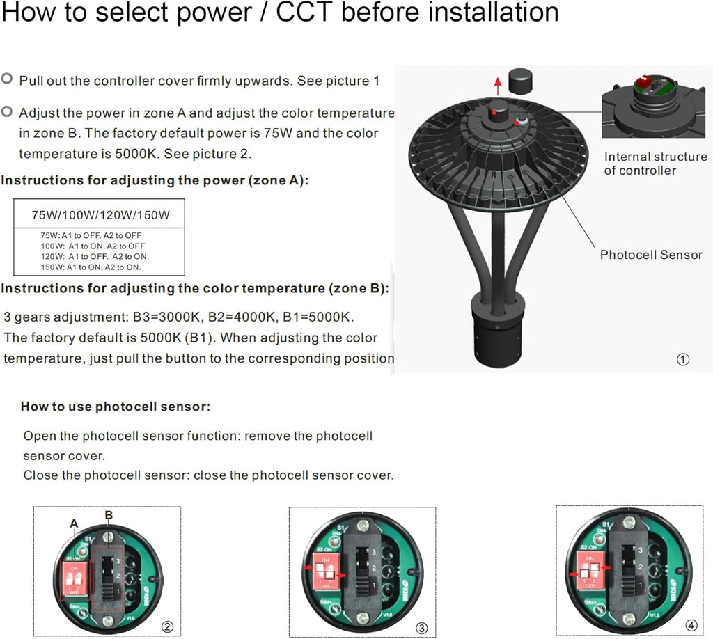 Power Adjustable 75W 100W 150W LED Post Top Light with Photocell Sensor 3000K 4000K 5000K 3CCT tunable for Outdoor Garden Yard Area Lighting, Fit 2-3/8' and 3' Tenons