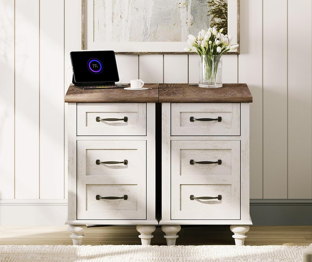 WAMPAT 2 Pack End Tables with Charging Station, Farmhouse Side Table with Drawer & Storage Cabinet, Antique White Nightstand with Power Outlets & USB Ports for Living Room, Bedroom