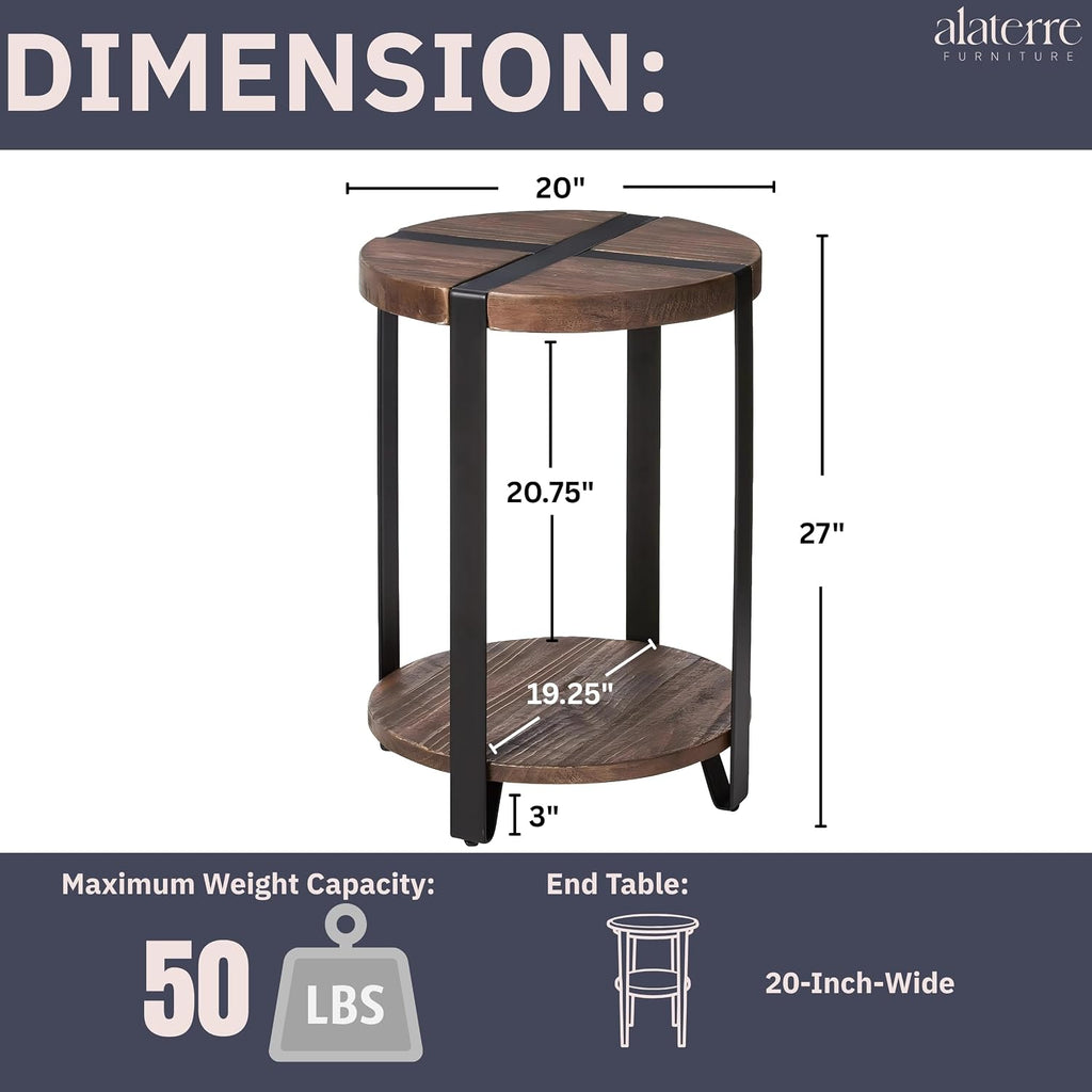Modesto 20-Inch Round End Table – Rustic 2-Tier Side Table with Solid Wood Top, Lower Shelf, & Metal Legs – Small Accent Table for Living Room or Bedroom by Alaterre Furniture (Natural Wood Finish)