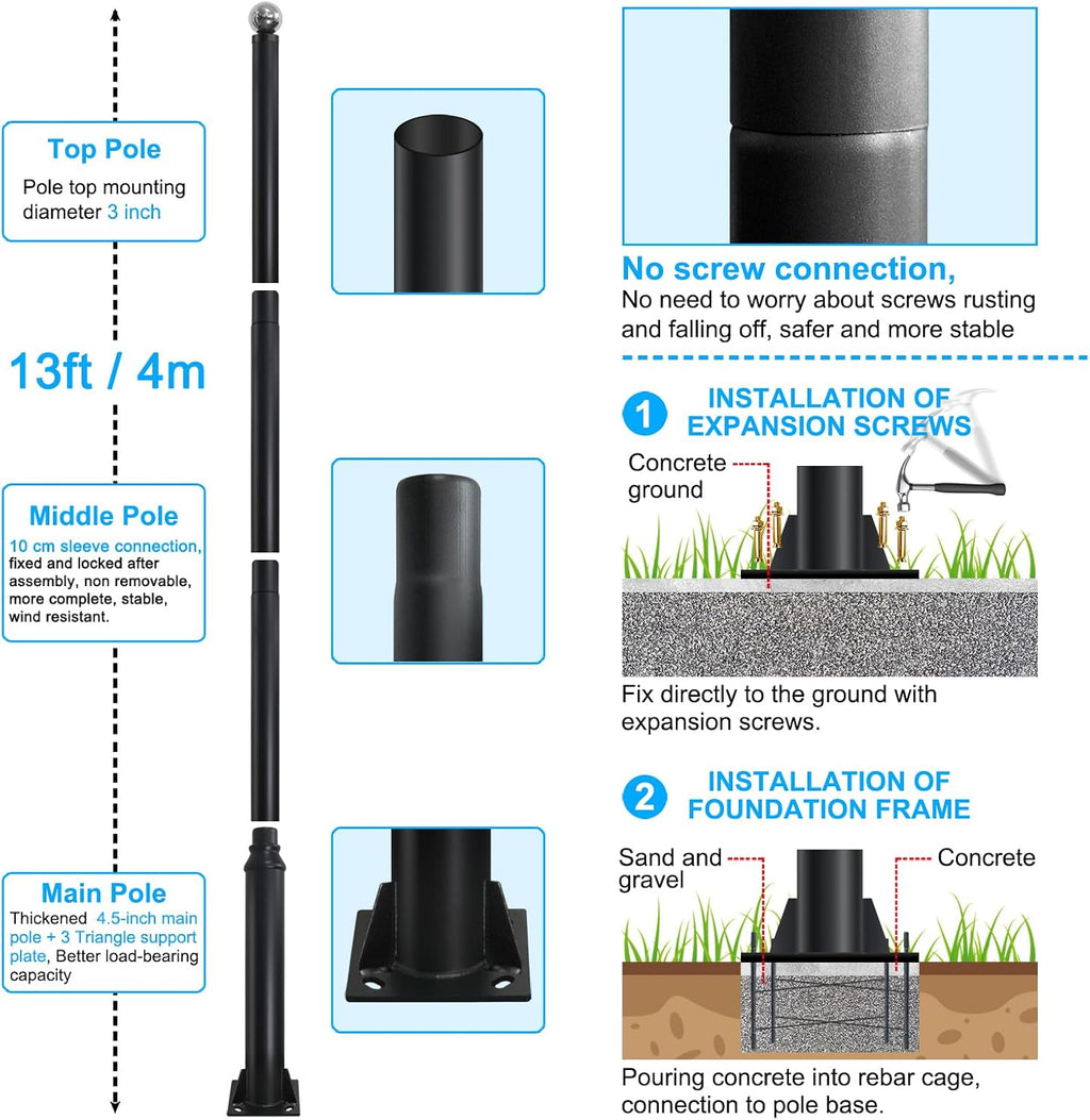 Street Light Pole 13ft Tall, Black Outdoor Galvanized Heavy-duty Metal Solar Street Lamp Post, Suitable for Outdoor Street and Courtyard Lighting Fixtures with Mounting Rebar Cage (13 FT 114+76mm)