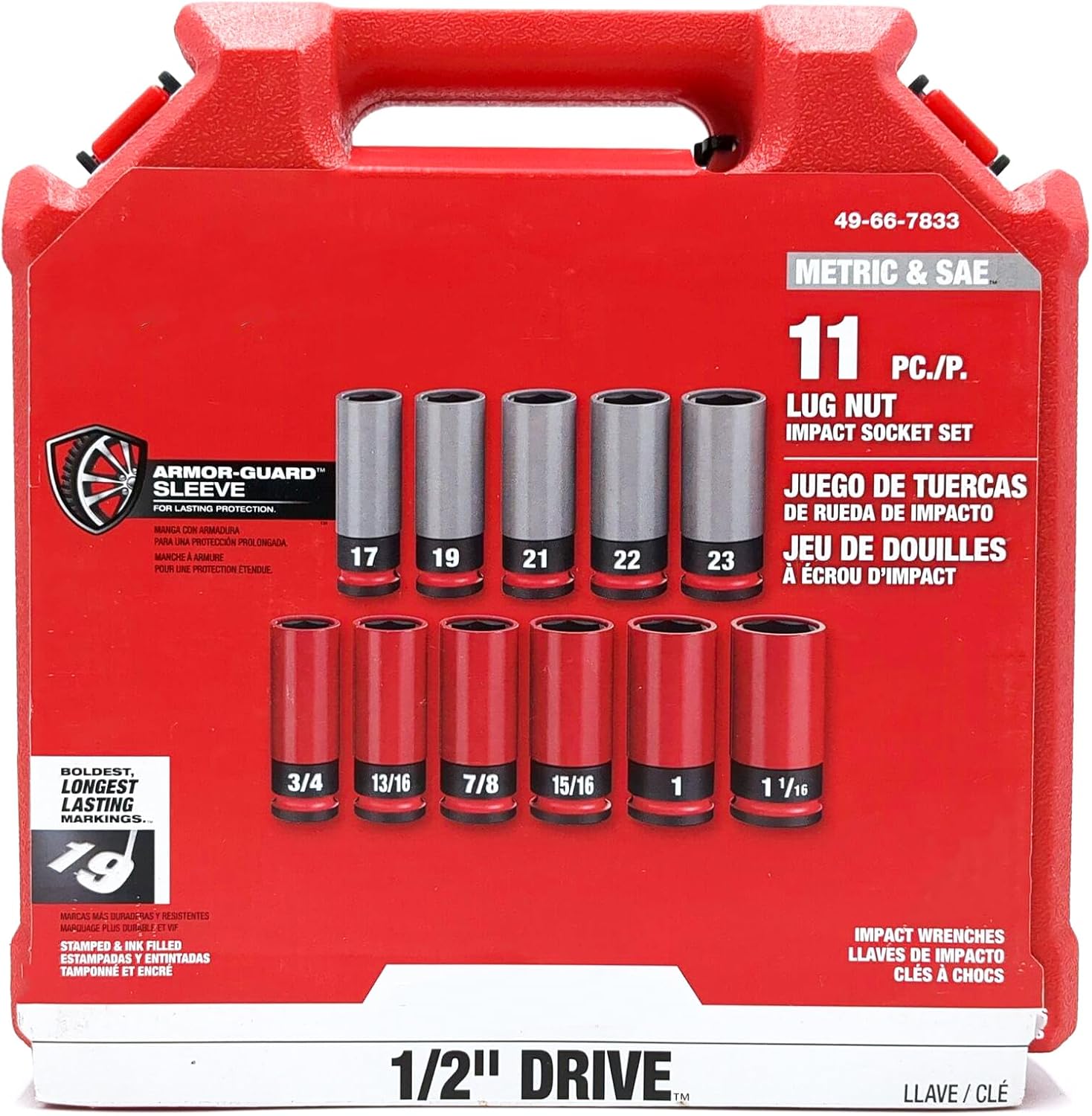 Socket Set For Milwaukee 49-66-7833 1/2'' SAE/Metric Lug Nut Wheel Socket Set (Size:11.6 x 3.0 x 11.0 in) - 11 PC, Red