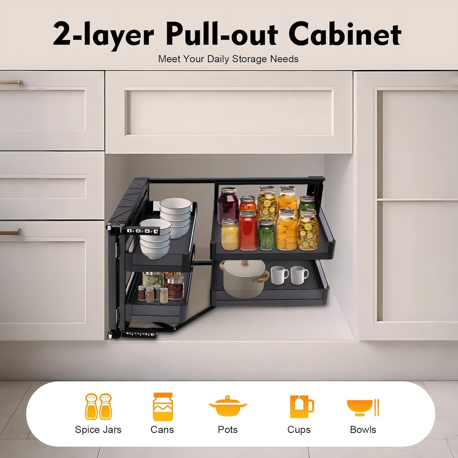 Blind Corner Cabinet 2 Tiers,Pull Out Corner Cabinet with 4 Detachable Shelves Left or Right,Soft Close Kitchen Swing Tray,Height Adjustable,Easy to Install for 14 Inch Opening