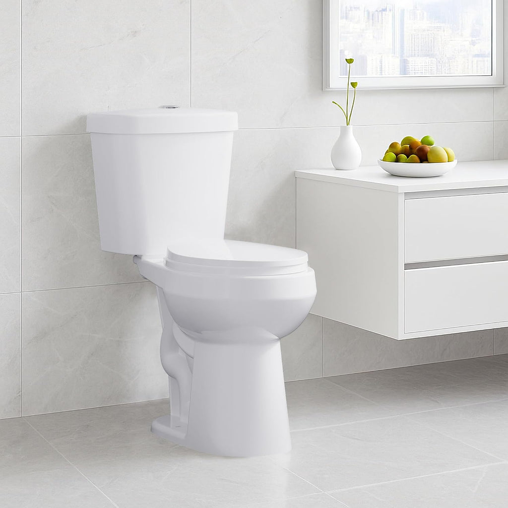 Two-Piece Toilet Chair-Height – Round Bathroom Toilet with Top Dual-Flush Buttons, Comfortable High-Rise Toilet for Seniors, Adults, and Compact Bathrooms