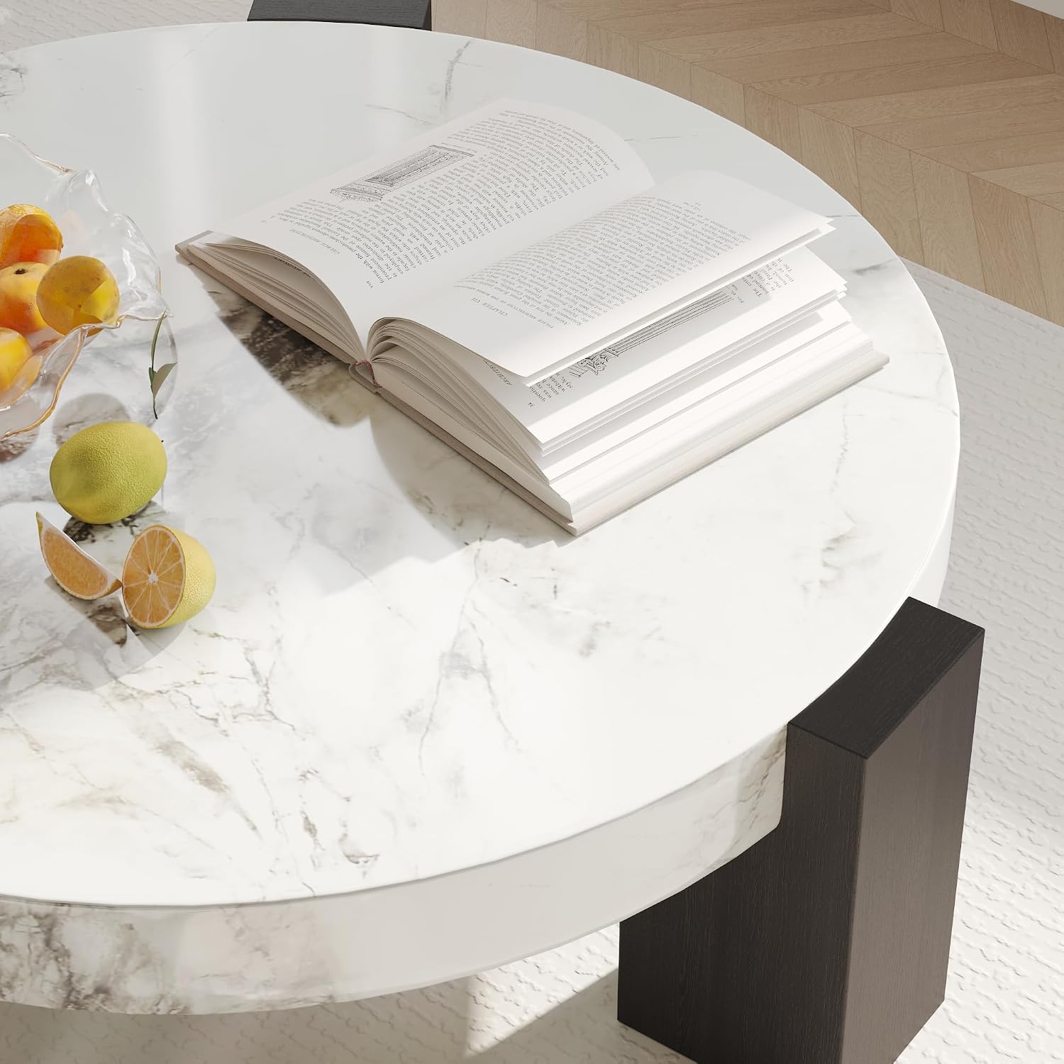 35.43' Modern Round Coffee Table,White Center Coffee Table with Faux Marble Texture Surface& Strong Wood Legs,Round Center Coffee Table for Living Room/Apartment/Farmhouse/Office(Only Table)