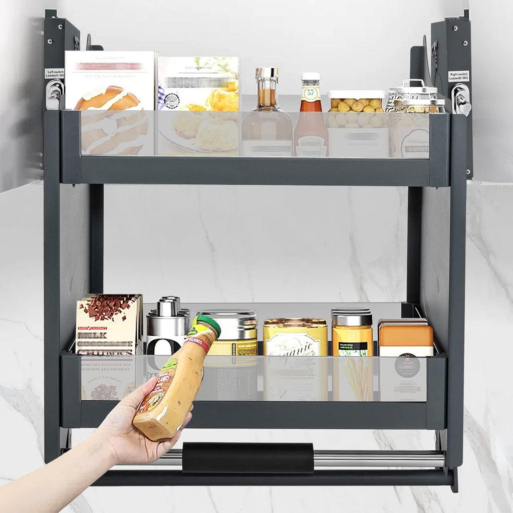 Blind Corner Cabinet Pull Out Right, 15 Inch Blind Corner Cabinet 2 Tiers Organizer Adjustable Design, Hidden Slide Out Shelves for Store Kitchen Utensils (Pull Down)