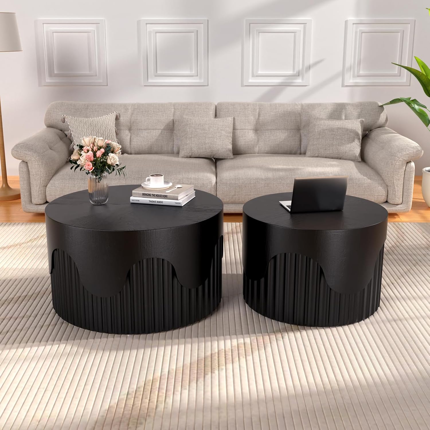 Fluted Round Nesting Coffee Table Set of 2, Modern Unique Circle Coffee Table, Drum Side Tea Table, Space-Saving for Living Room, Bedroom, Balcony, Office, No Assembly (26.77'+19.69' Black A)