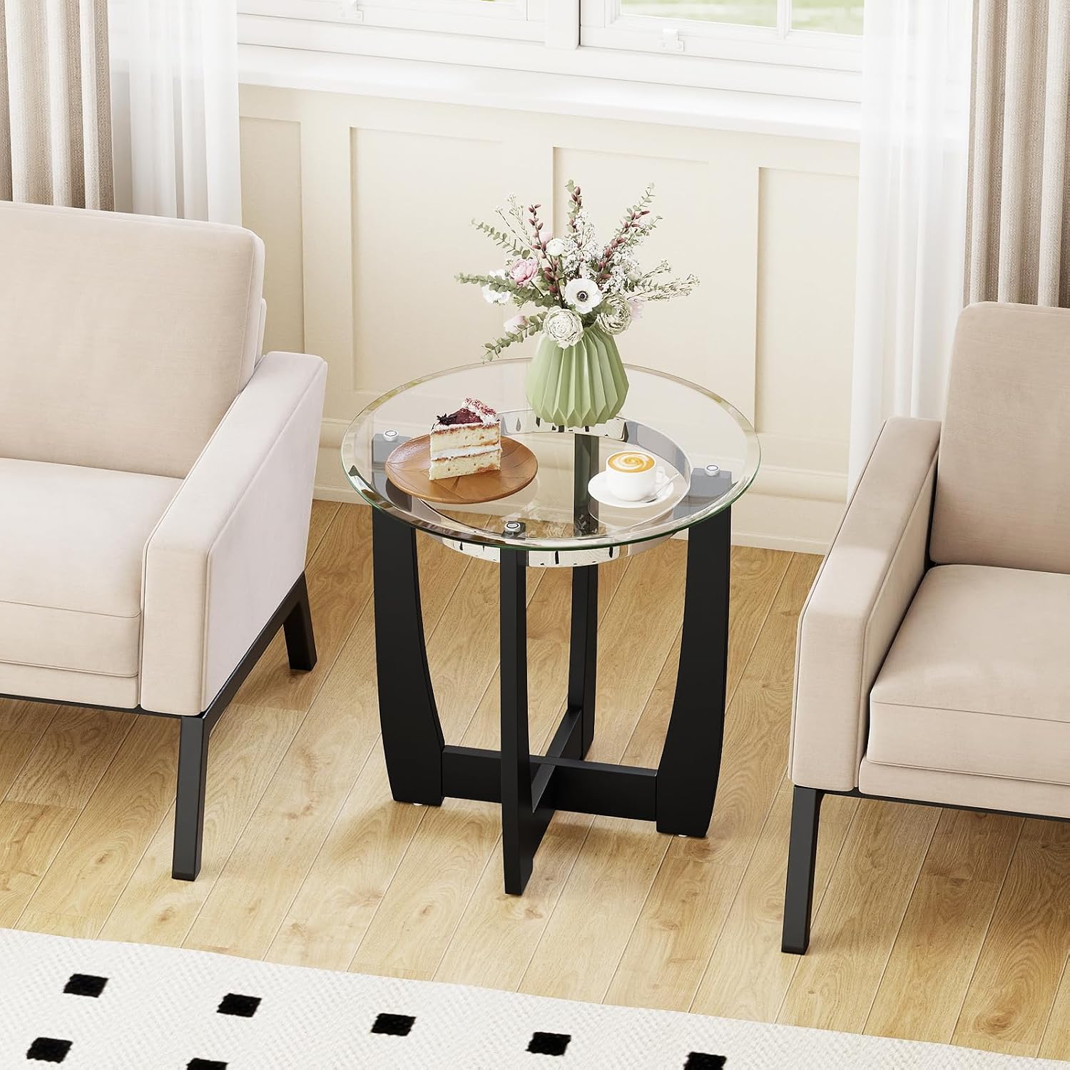 Giantex Round Glass End Table Set of 2, 24'' Side Table with Tempered Glass Top, Nightstands with Cross & Solid Rubber Wood Base, Compact Bedside Night Stand for Bedroom Office Living Room (2, Black)