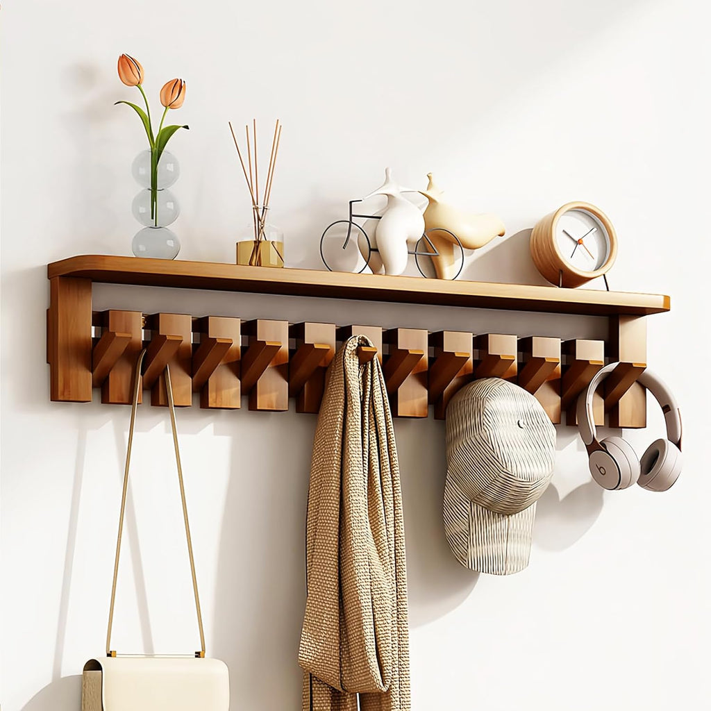 Wall Mounted Piano Key Hanger | Flip Style Hook | Entrance Wall Art Hook, Made of Oak Wood (3 Times Painted, 4 Times Polished) (Tray Walnut, 12Hooks)