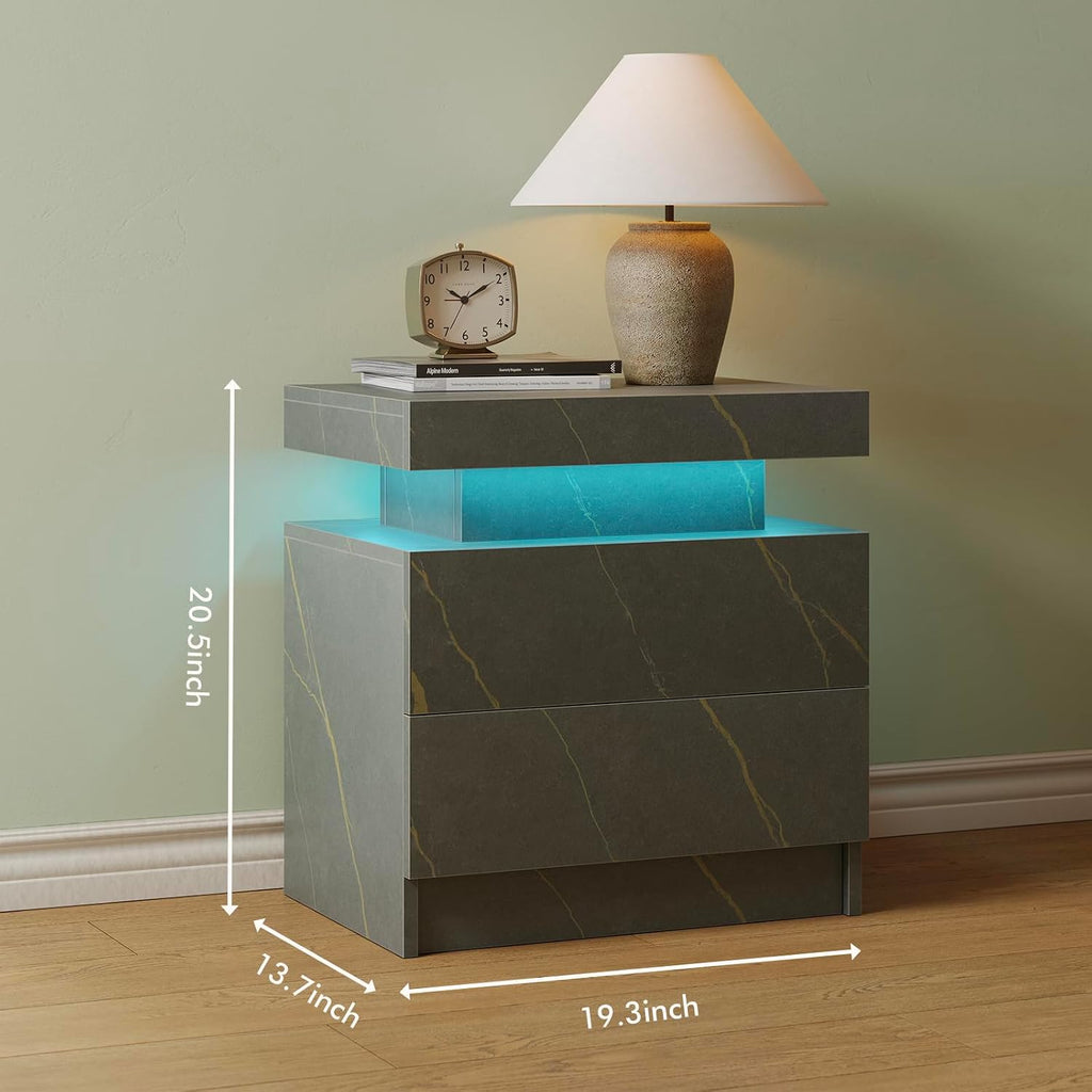 Cubehom Nightstands Set of 2, Bedside Tables with LED Lights, Night Stands with 2 Wood Drawers, End Tables Set of 2 for Living Room/Bedroom