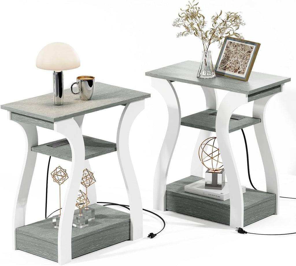 FROMJBEST End Tables Living Room Set of 2,Grey End Table with Charging Station,Grey Side Table, Nightstand for Bedroom, 3 Tier End Table with Storage Shelf for Living Room