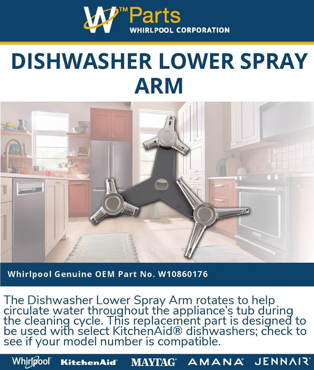 Whirlpool W10860176 OEM Dishwasher Lower Spray Arm, Multicolor