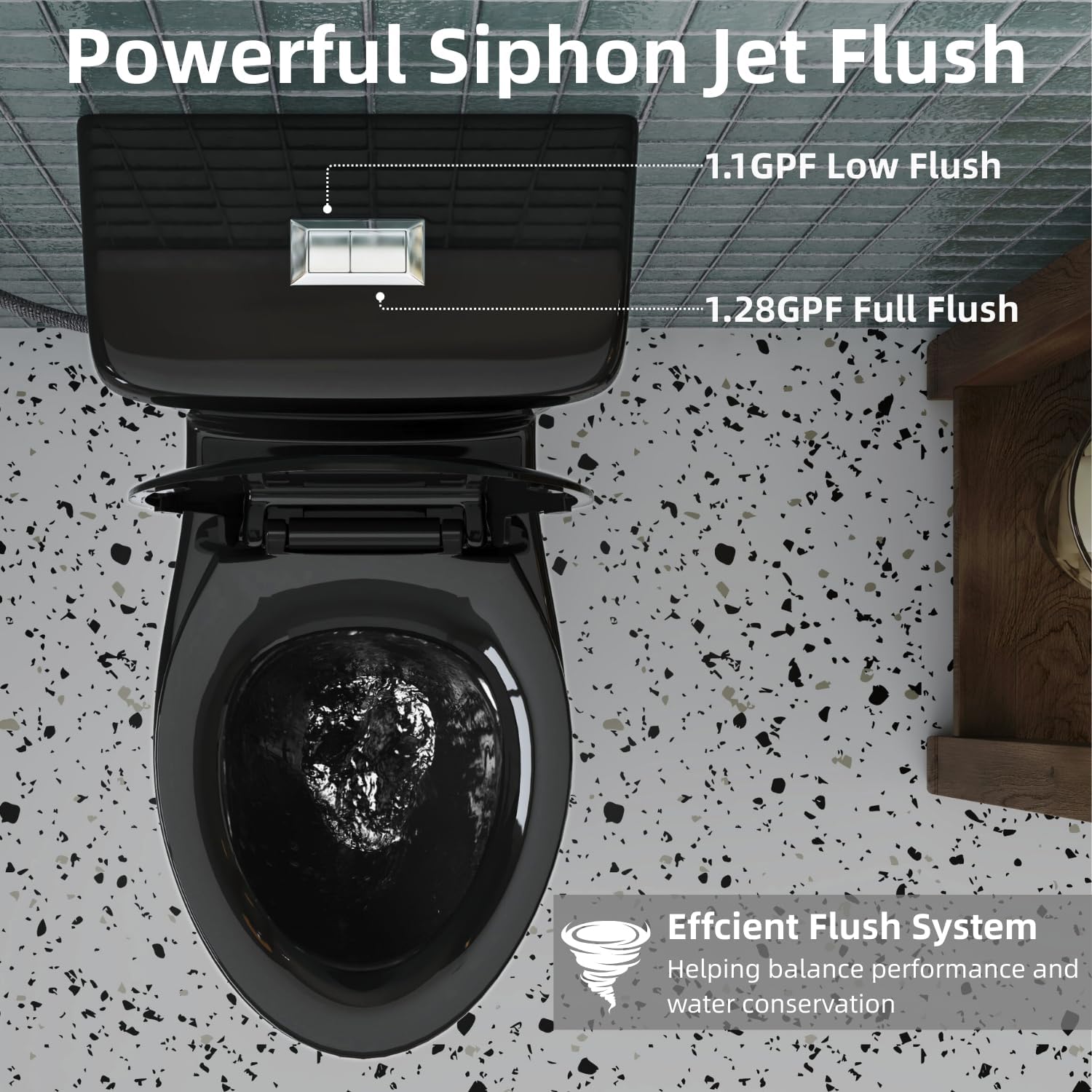 Black 21 Inch High Toilet, Los Flexi Skirted Glossy Black Two-Piece Toilet with 1.1/1.28 Dual Flush System For Seniors & Tall Height Users, Comfort Elongated Bowl, Soft-Close Seat 12' Rough-In