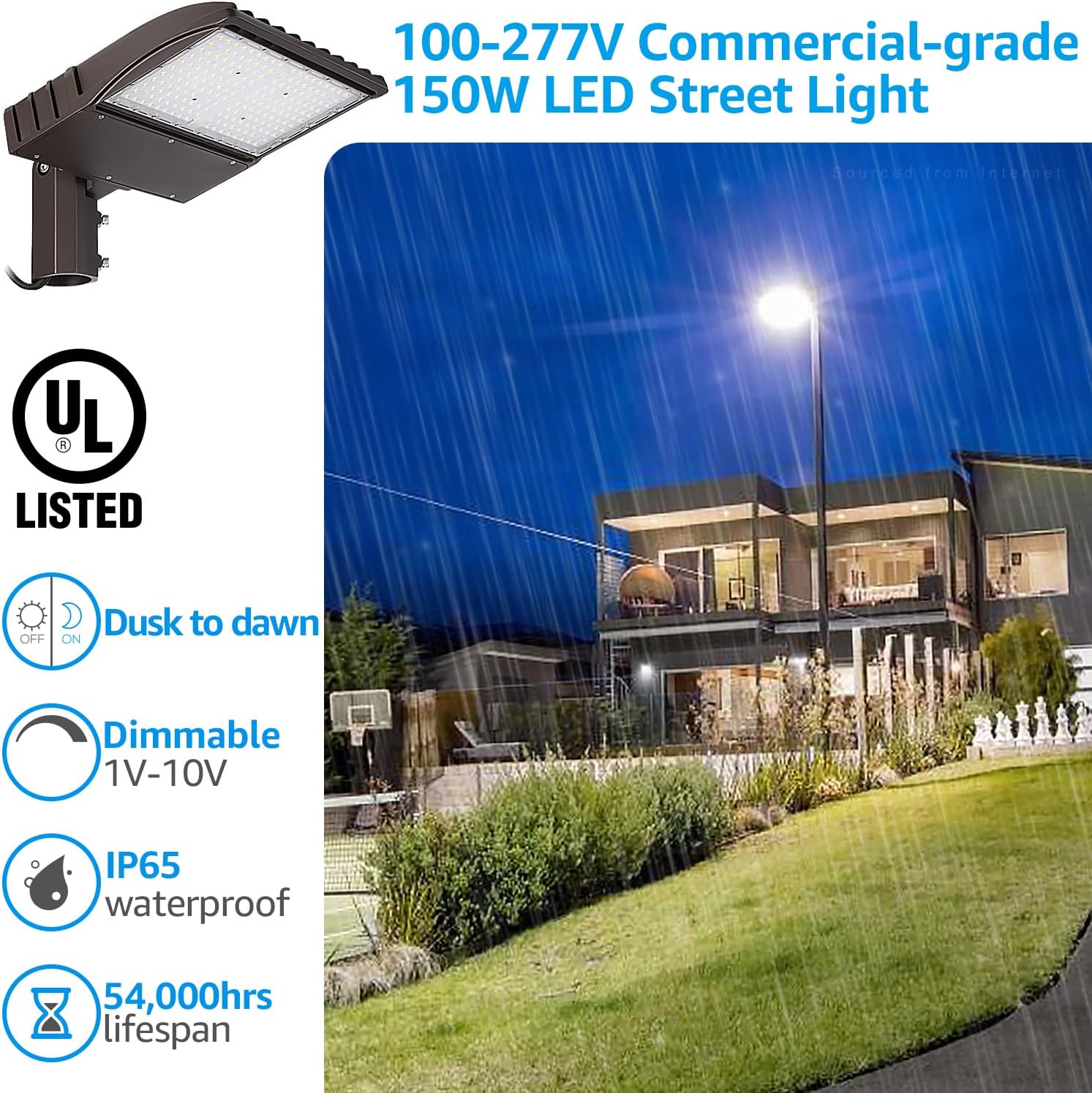 LEONLITE 150W LED Parking Lot Light, Adjustable Arm Mount, 20,250lm UL & DLC Listed, 1-10V Dimmable, Shoebox Pole Light with Photocell, 100-277V, Commercial Street Lighting, IP65, 5000K Daylight