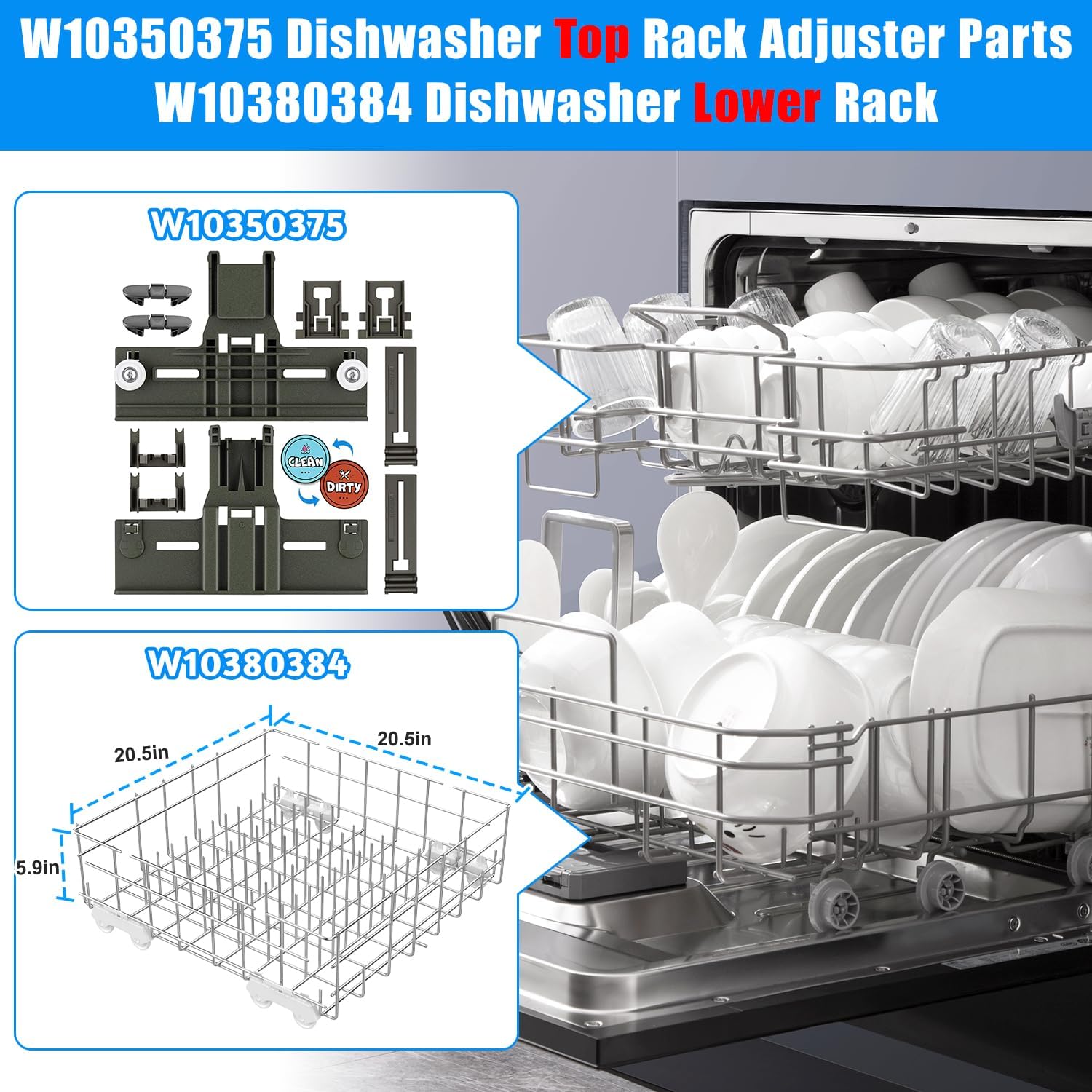 Upgrade W10311986/W10380384 Dishwasher Lower Dishrack Designed for Whirlpool Dishwasher Rack Parts WDT750SAHZ0 WDTA50SAHZ0 WDT970SAHZ0 WDT780SAEM with WP3376961 Wheels Dishwasher Bottom Rack