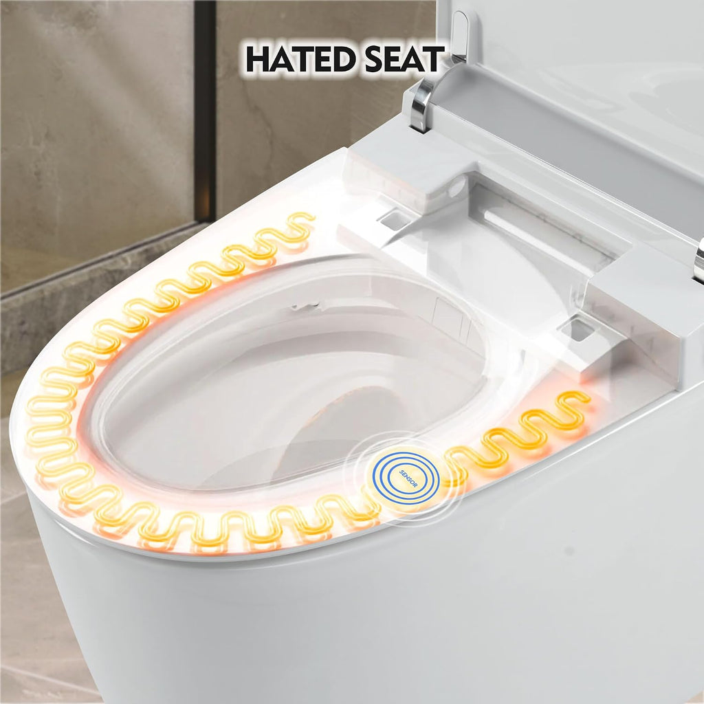 Smart Bidet Toilet with Auto Open & Close Seat, Elongated One Piece Self Flushing Toilet, Heated Seat Warm Water Sprayer, Foot Sensor Operation, Modern Electric Toilet for Bathroom Renovation