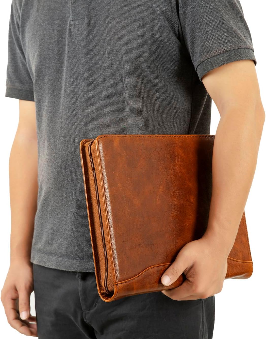 DUKE&COW Leather Portfolio with 3 Ring Binder, Personalized Leather Binder Padfolio Executive Folio Zippered, Engraved Leather Folder Portfolio Organizer, Custom Gift for Men Women （Brown, Custom）