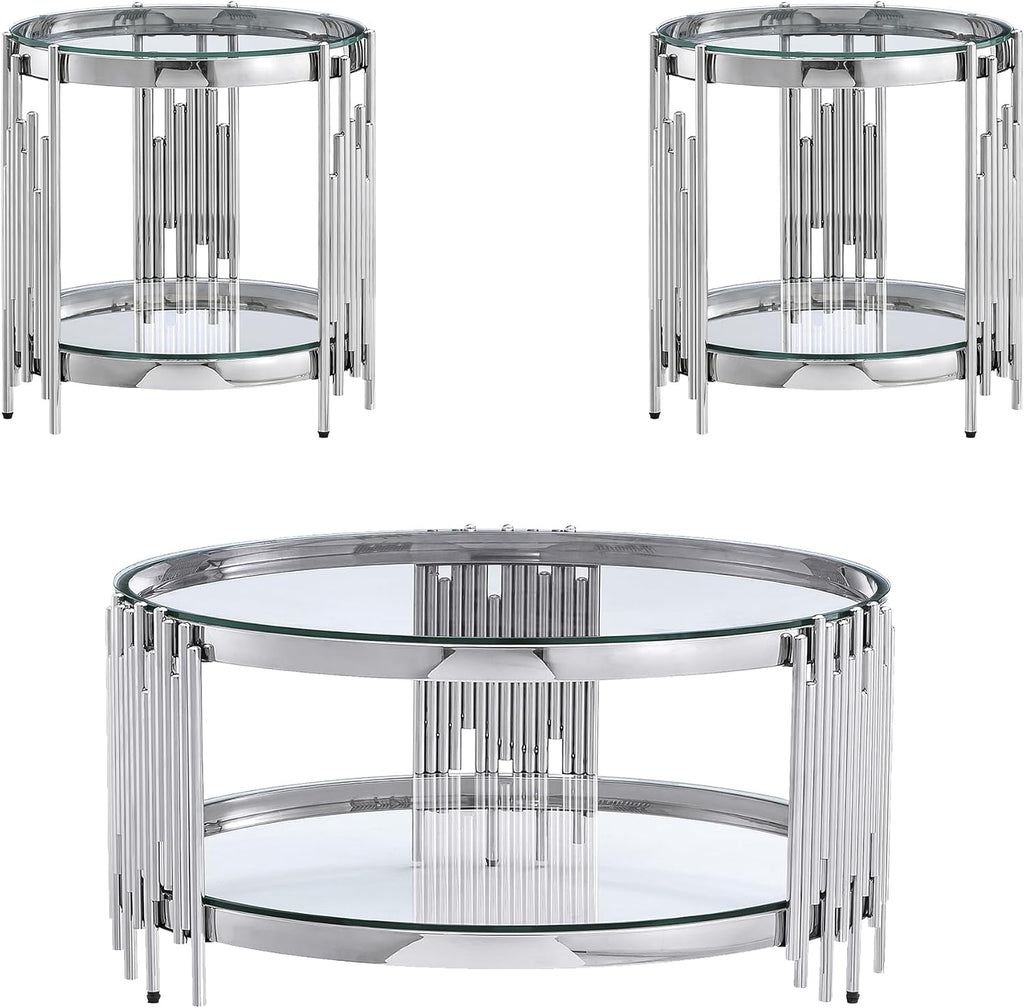 Round Glass Coffee Table Set of 3, Silver Living Room Table Set with Coffee Table and 2 End Table, 2-Tier Glass Table with Stainless Steel Legs and Clear Tempered Glass for Living Room