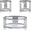 Round Glass Coffee Table Set of 3, Silver Living Room Table Set with Coffee Table and 2 End Table, 2-Tier Glass Table with Stainless Steel Legs and Clear Tempered Glass for Living Room