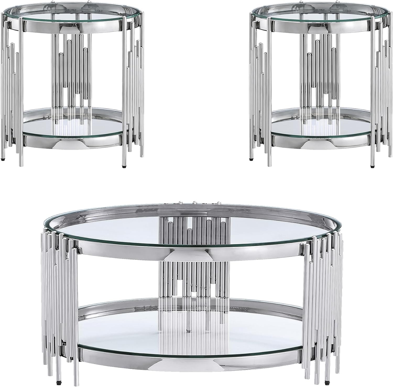 Round Glass Coffee Table Set of 3, Silver Living Room Table Set with Coffee Table and 2 End Table, 2-Tier Glass Table with Stainless Steel Legs and Clear Tempered Glass for Living Room