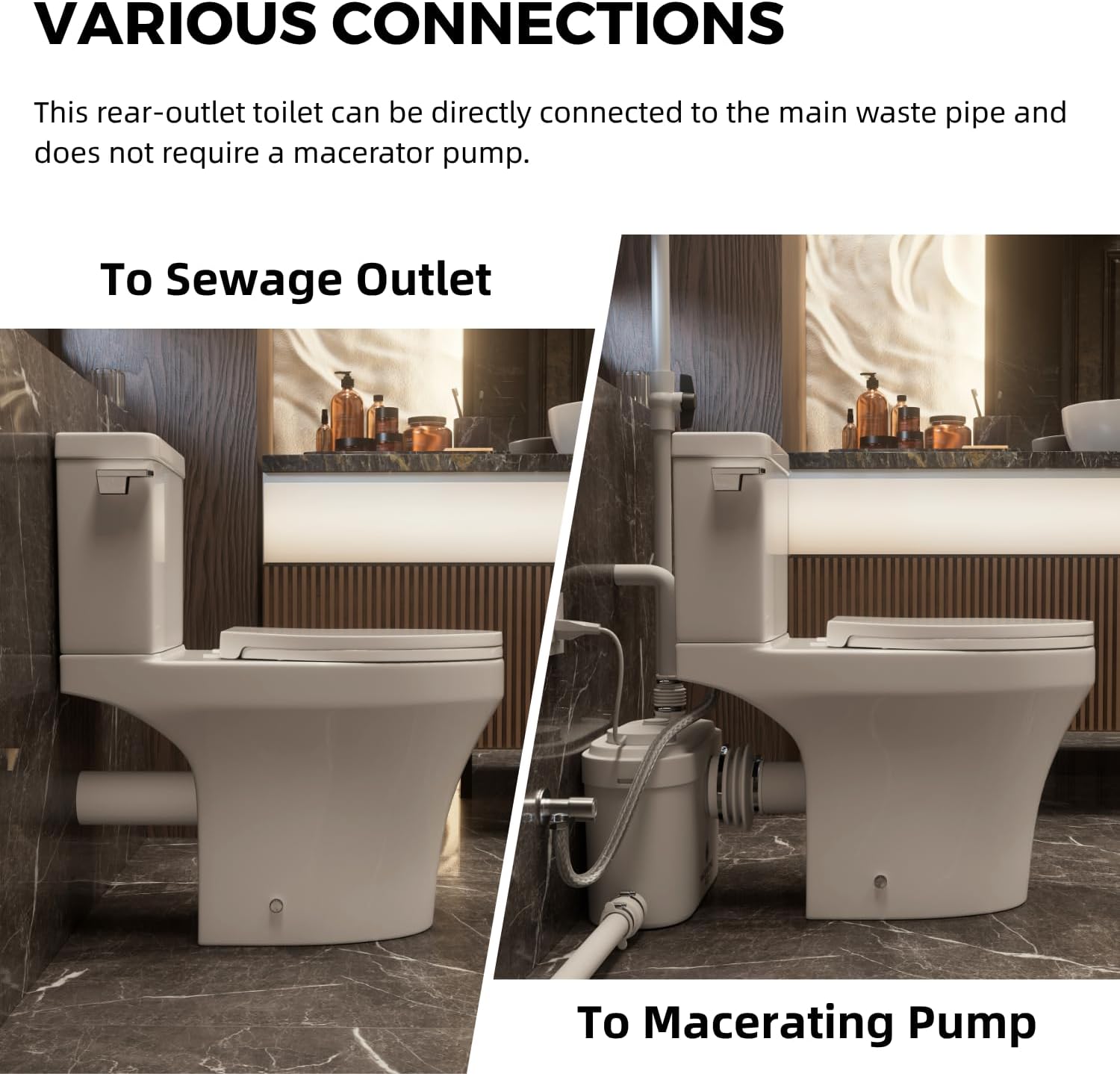 Rear Discharge Toilet with Powerful Rimless Flush, 18'' Comfort Height, Elongated Bowl, 1.28 GPF, Back Outlet Two Piece Toilet with Tank, P-Trap, Skirted Modern Design, Two Extension Pipes Included
