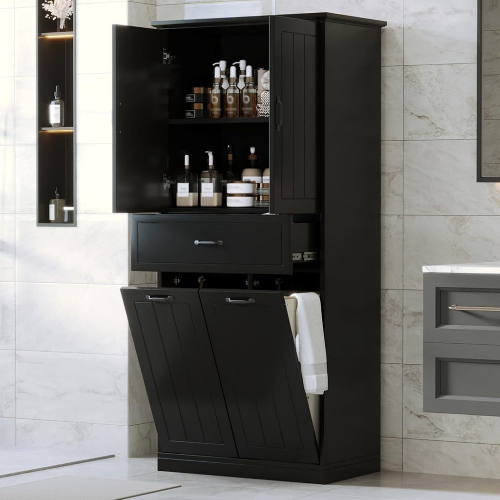Bathroom Storage Cabinet with 2 Removable Bins, 65.8 in Tall | MDF, painted finish, adjustable shelf, 2 removable bins, enclosed storage, anti-tip, bathroom, 29.9 W x 15.7 D x 65.8 H in