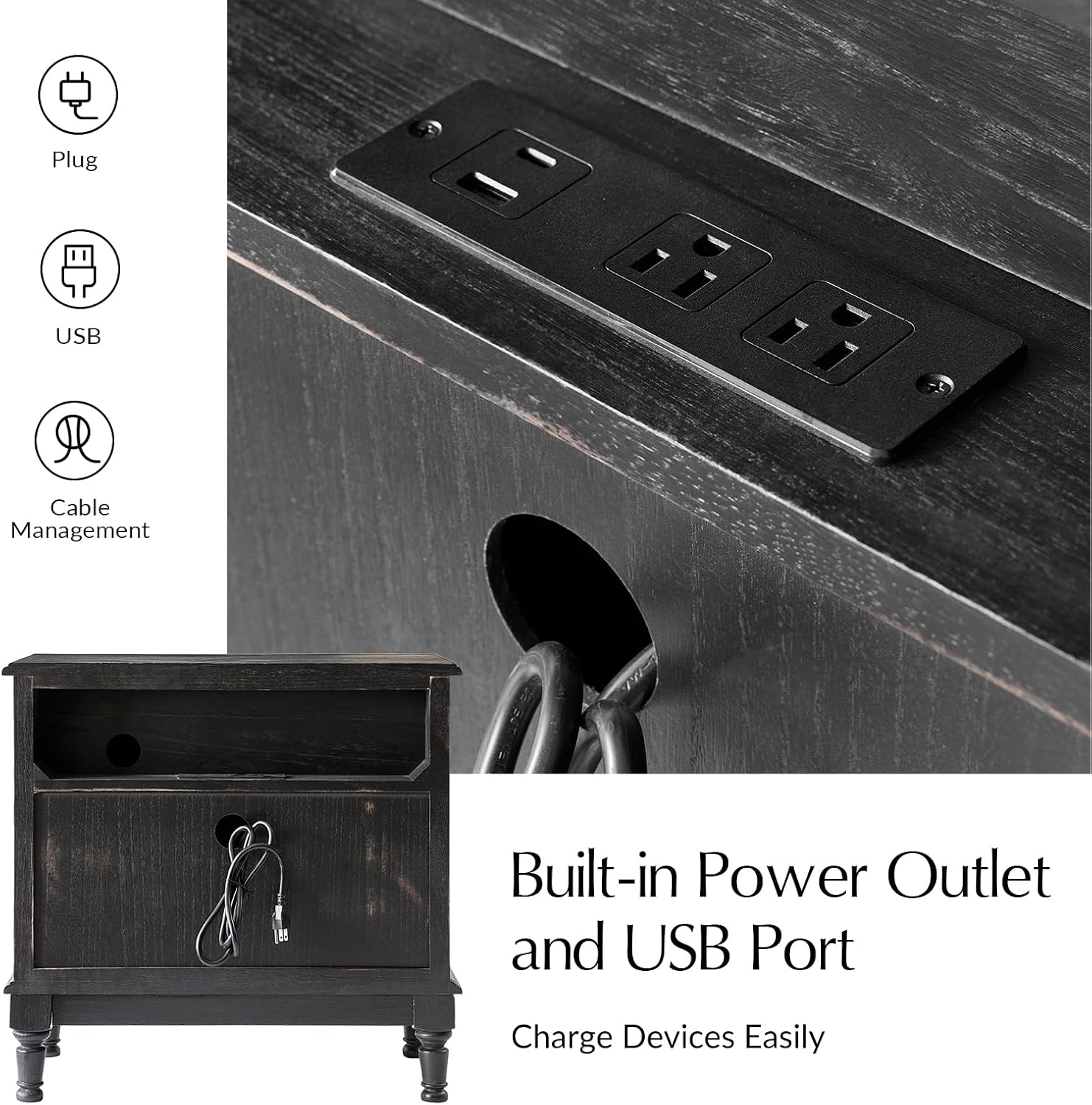 HULALA HOME Solid Wood Storage End Tables with Hidden Pull-Out Shelf, Transitional 2 Drawer Side Tables with Charging Station, Large SideTables with USB Ports, Easy Assembly, (Set of 2, Charcoal)