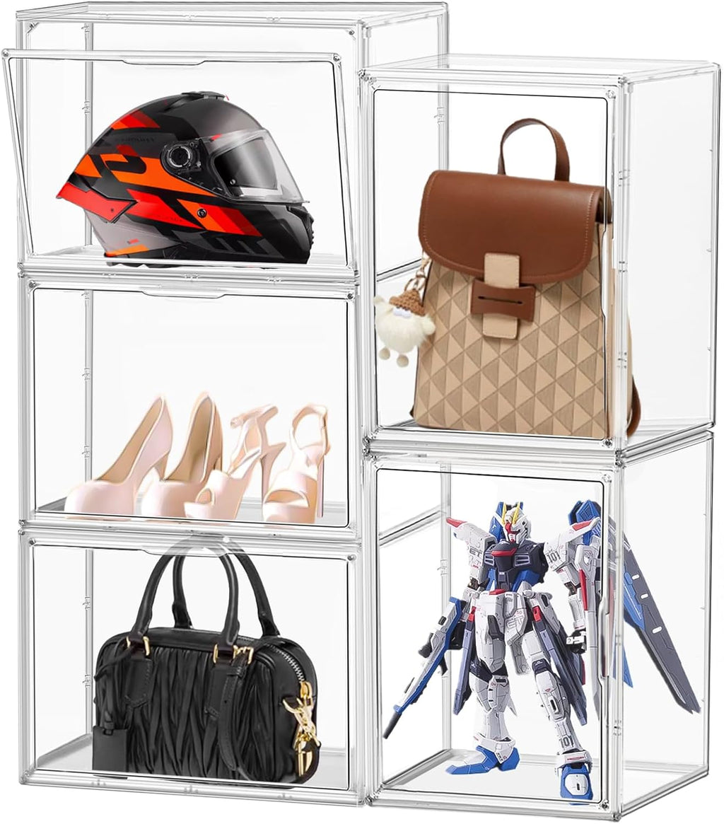 10 Pack Purse Organizer for Closet, 14.1''x8.6''x10.9 '' Clear Acrylic Display Case with Magnetic Door, X-Large Plastic Stackable Handbag Organizer for Collectibles, Figures, Size 14 Shoes, Cosmetic