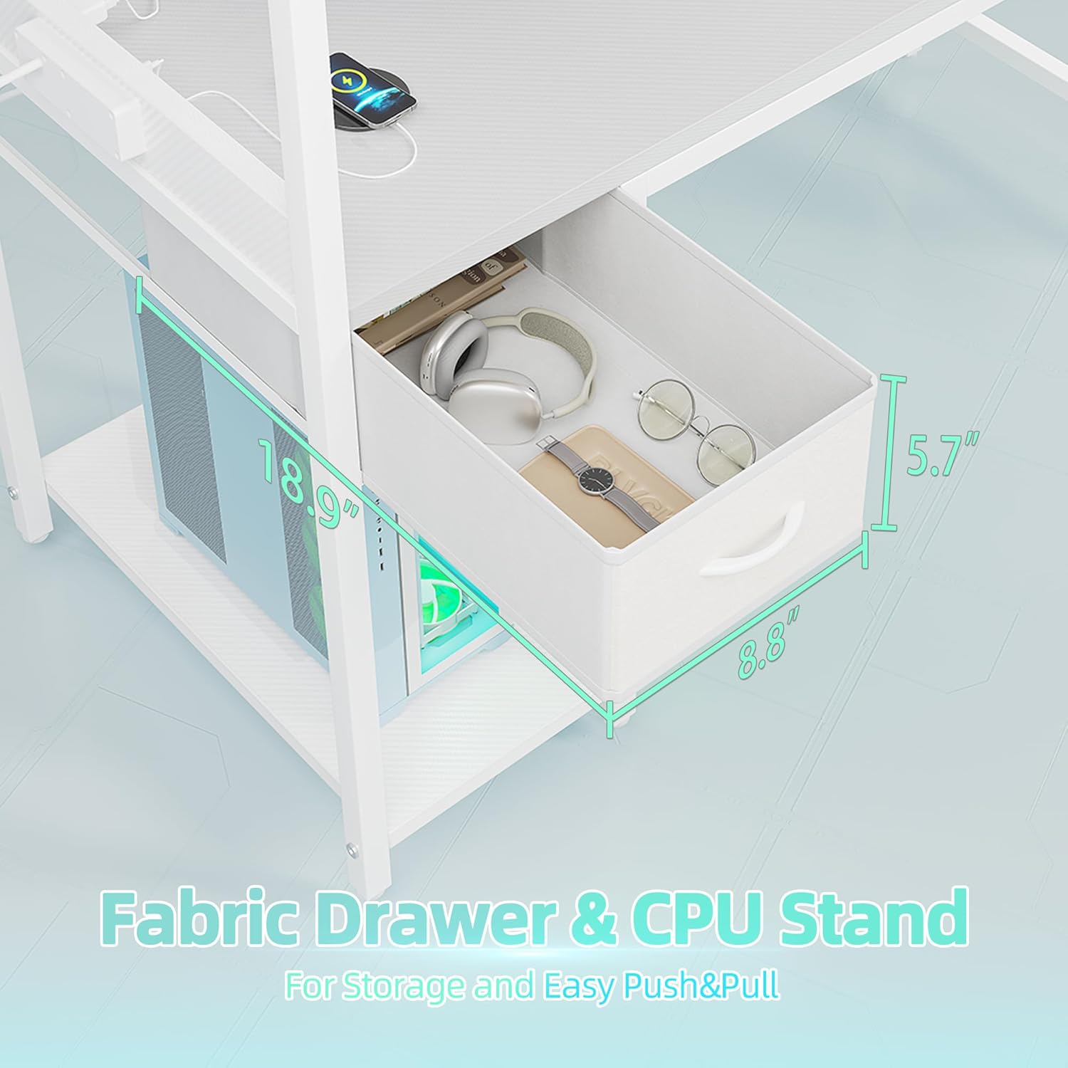 TIQLAB Gaming Desk 47 inch with Power Outlet and LED Light, Computer Desk with Reversible Shelves and Storage Drawer, Small PC Desk for Home Office Table with Bag, Carbon Fiber White