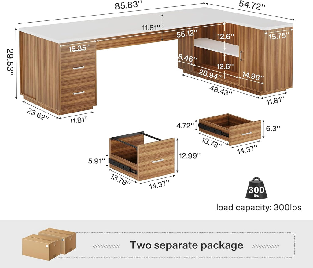Tribesigns 85.8-Inch L-Shaped Executive Desk, Extra Large Modern Office Desk with File Drawers, Door Cabinet & Shelves, Commercial Office Table, Home Business Workstation, White & Brown