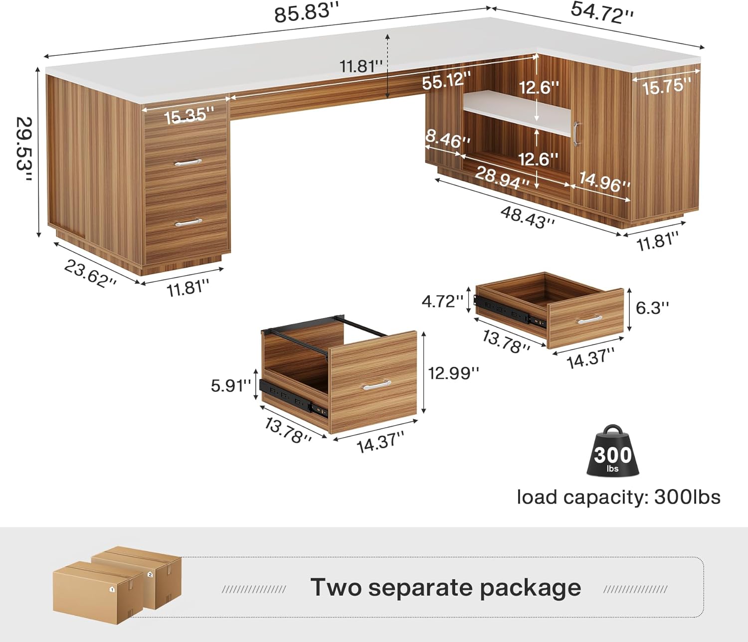 Tribesigns 85.8-Inch L-Shaped Executive Desk, Extra Large Modern Office Desk with File Drawers, Door Cabinet & Shelves, Commercial Office Table, Home Business Workstation, White & Brown