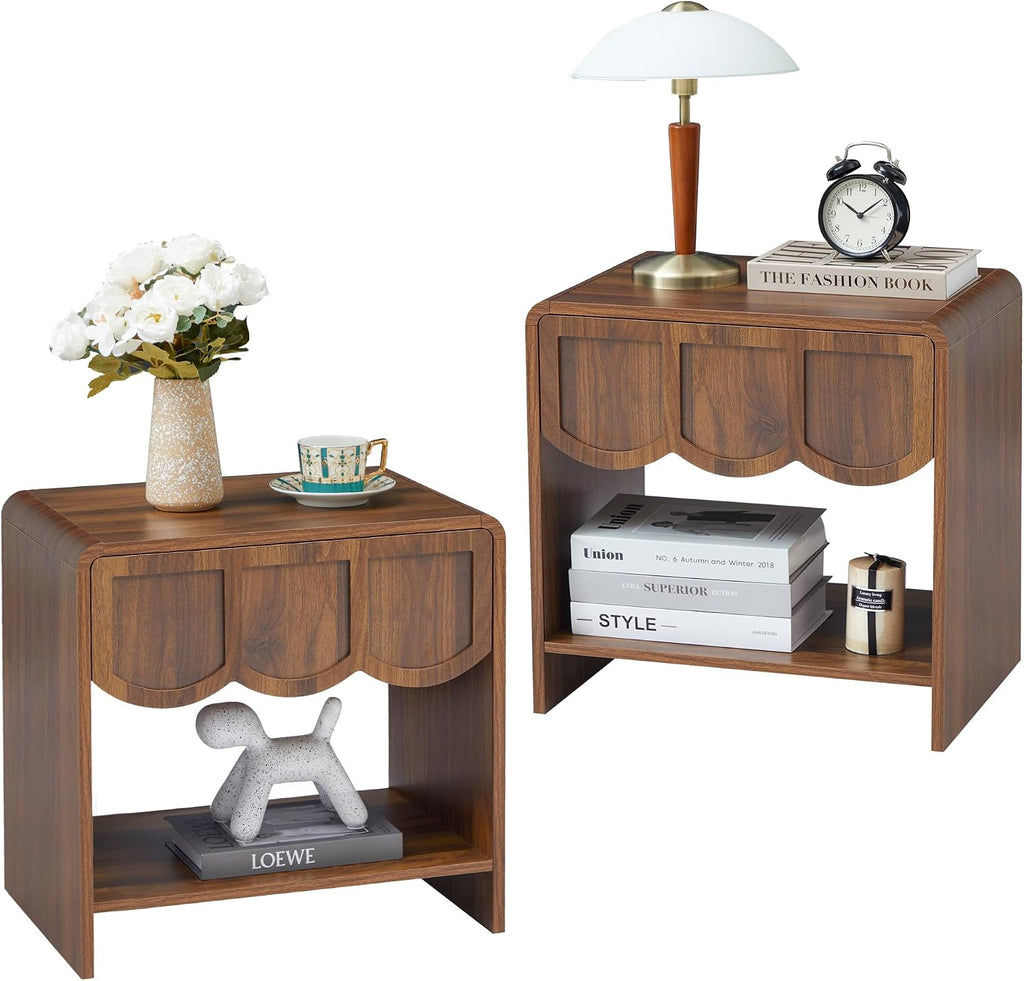 Small Night Stand Set of 2, Mid Century Modern Farmhouse Wood Nightstand with Wave Panel Drawer, Bed Side End Table for Small Space, Living Room - Walnut